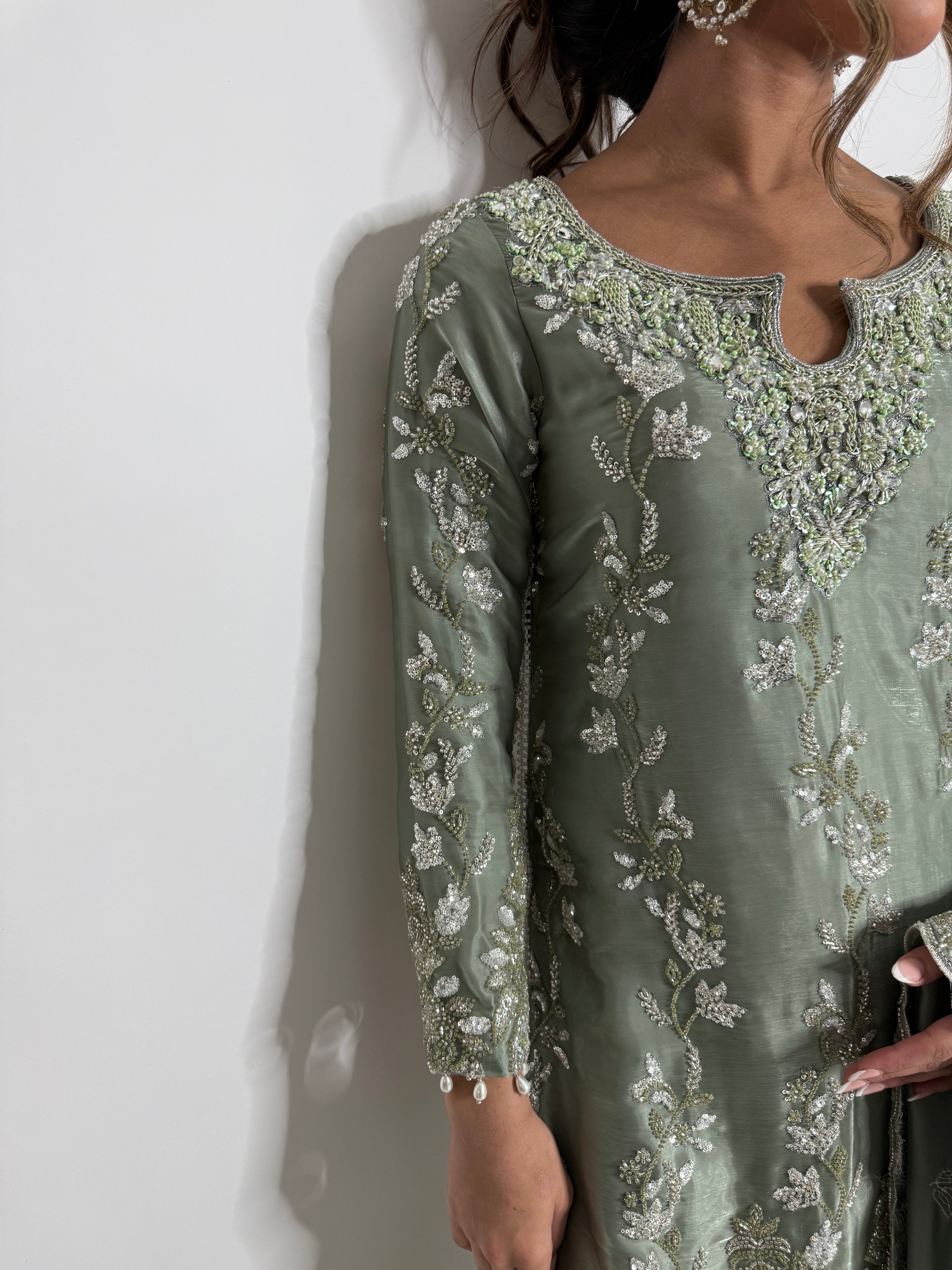 SAGE SILK EMBROIDERED THREE PIECE SUIT UK | THE ELYSIA VERDELLE