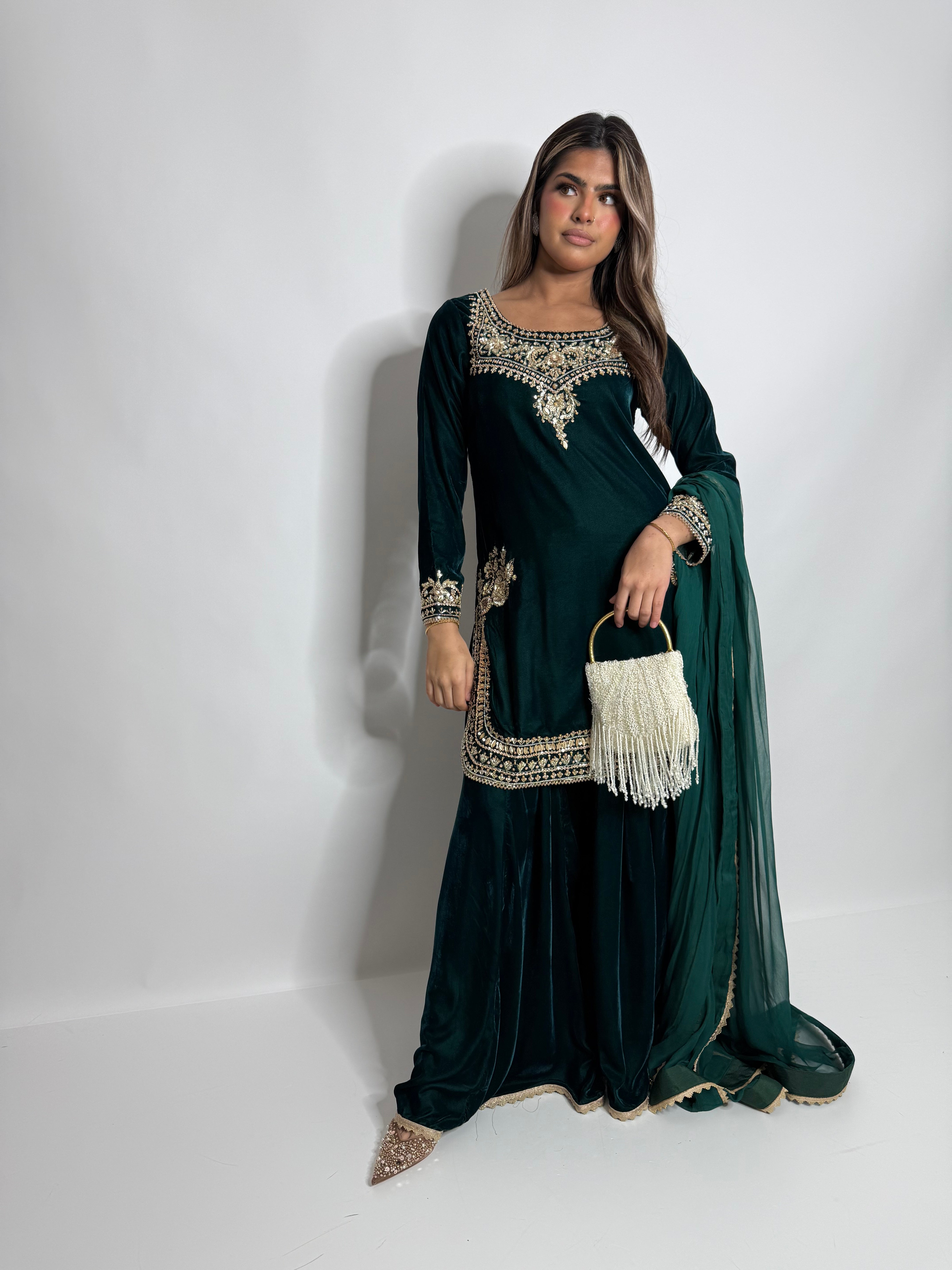 EMERALD MICRO VELVET SHARARA THREE PIECE SUIT UK | THE VARELLA