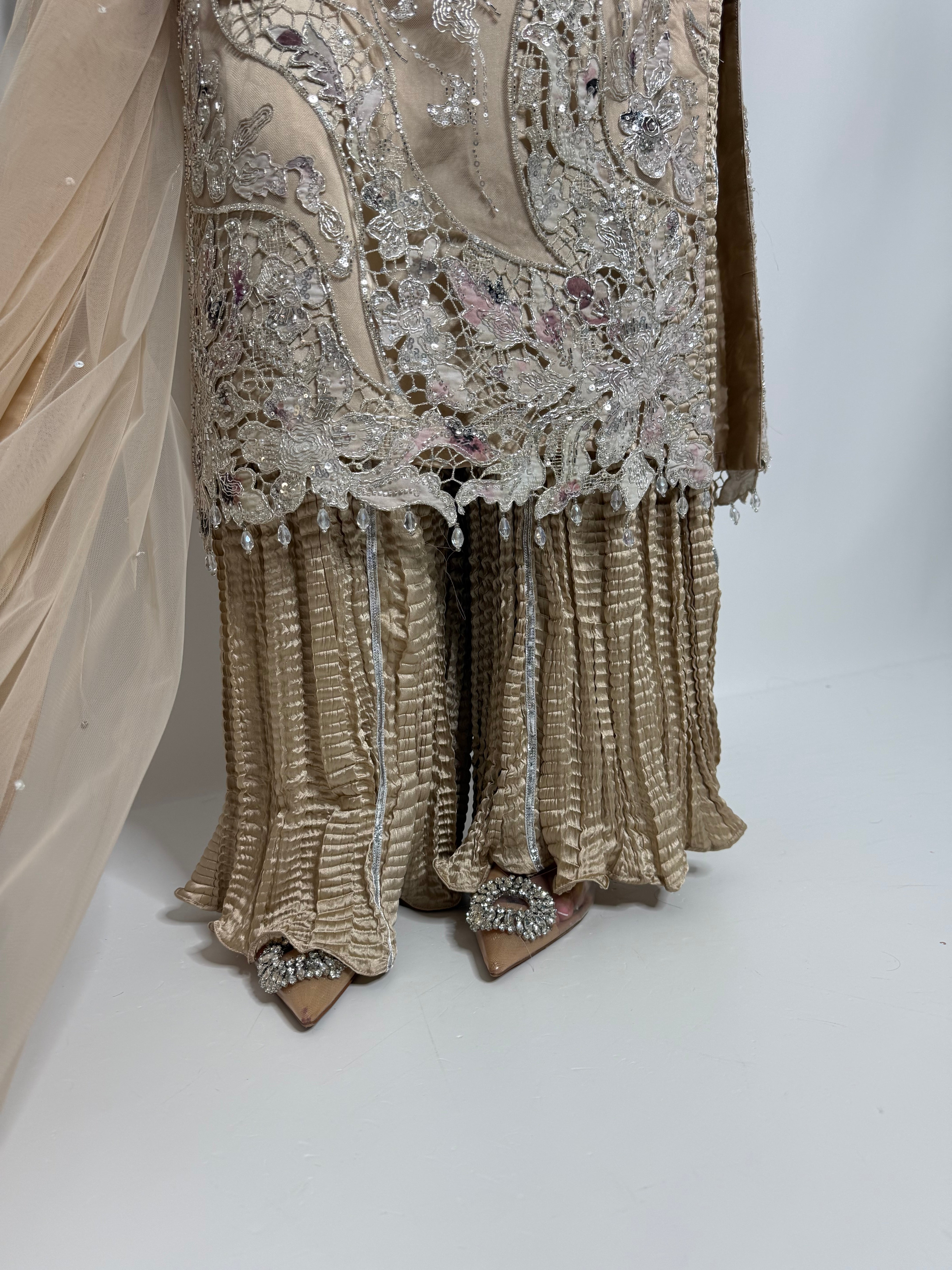 Zarqash | Luxury Pakistani Champagne Cutdana Sharara Suit UK | Wedding Guest, Nikkah & Eid Occasion Wear