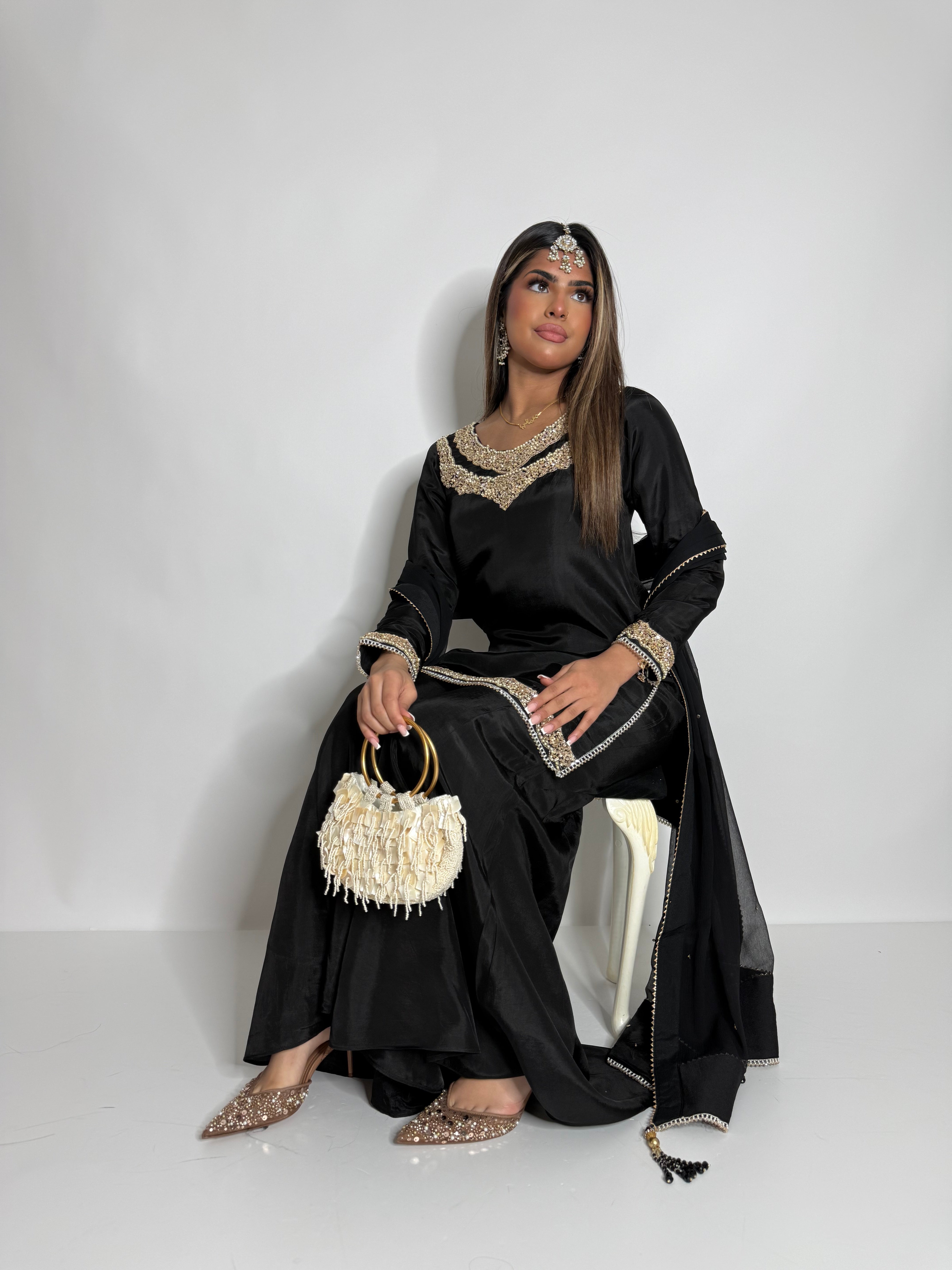 BLACK SILK SHARARA SUIT UK | THE KAIA NOIRE