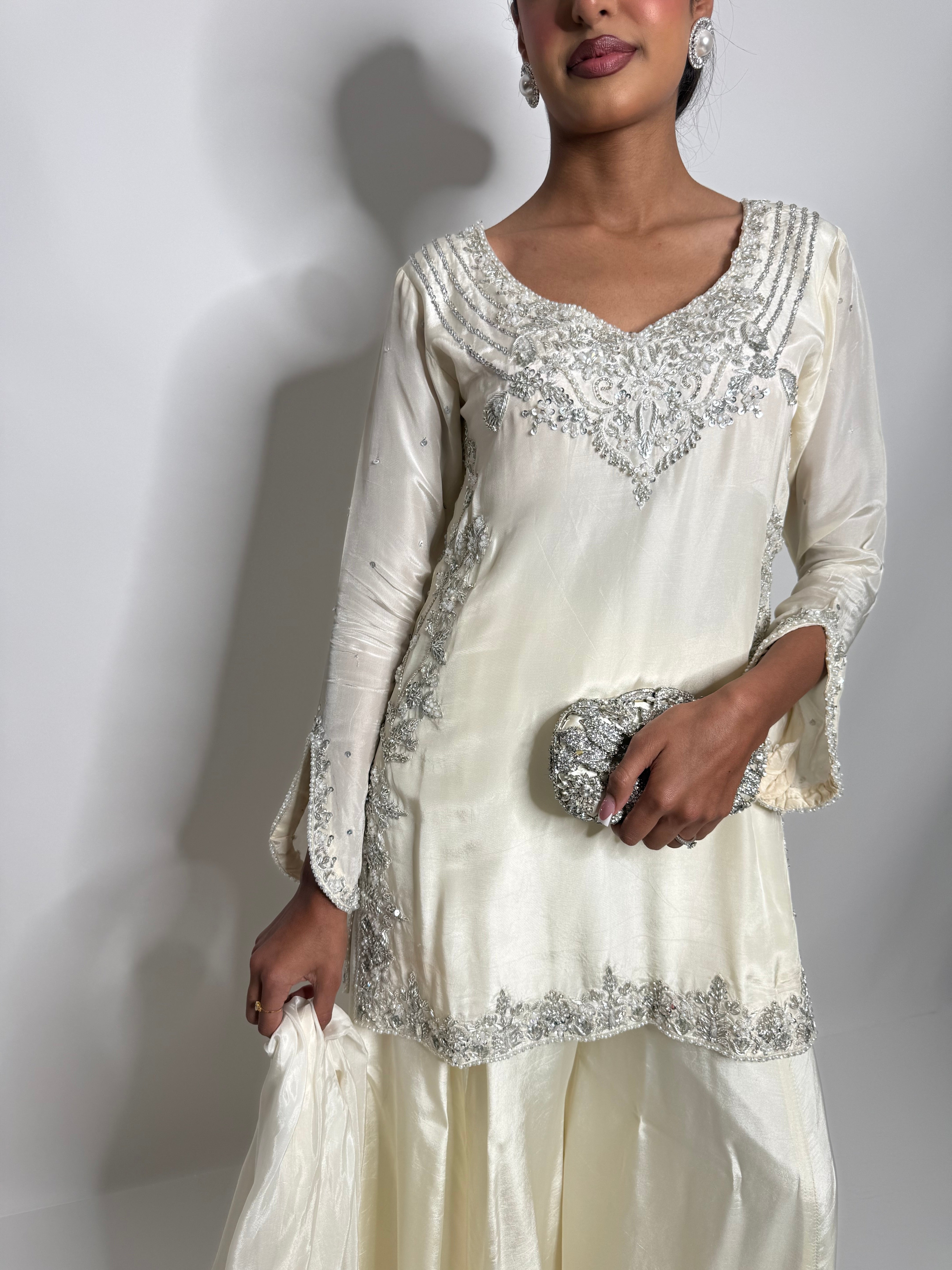Elira | Luxury Pakistani Ivory Silk Sharara Suit UK | Y2K Wedding Guest Outfit