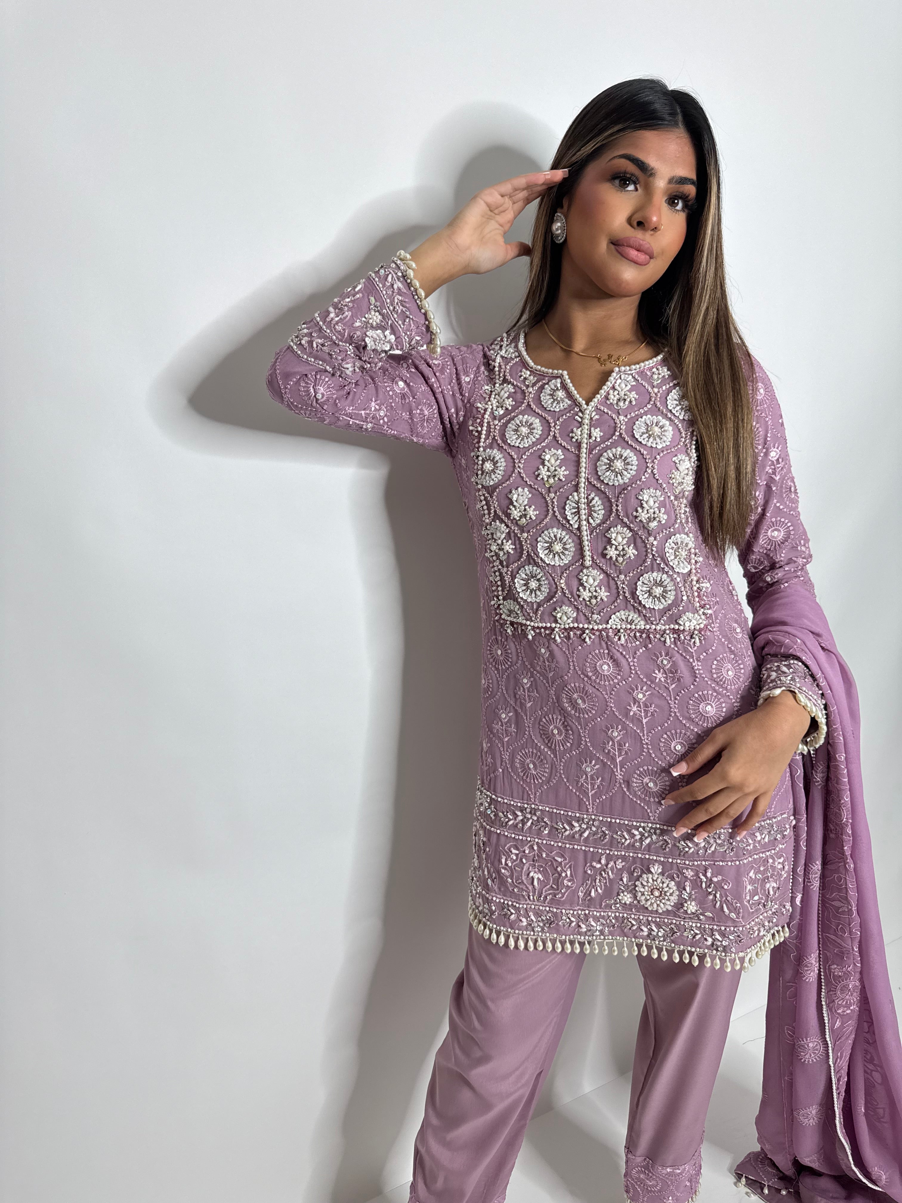 AYZEL | LUXURY PAKISTANI DUSTY MAUVE HAND EMBROIDERED 3 PIECE SUIT UK | WEDDING GUEST, EID & PARTY WEAR