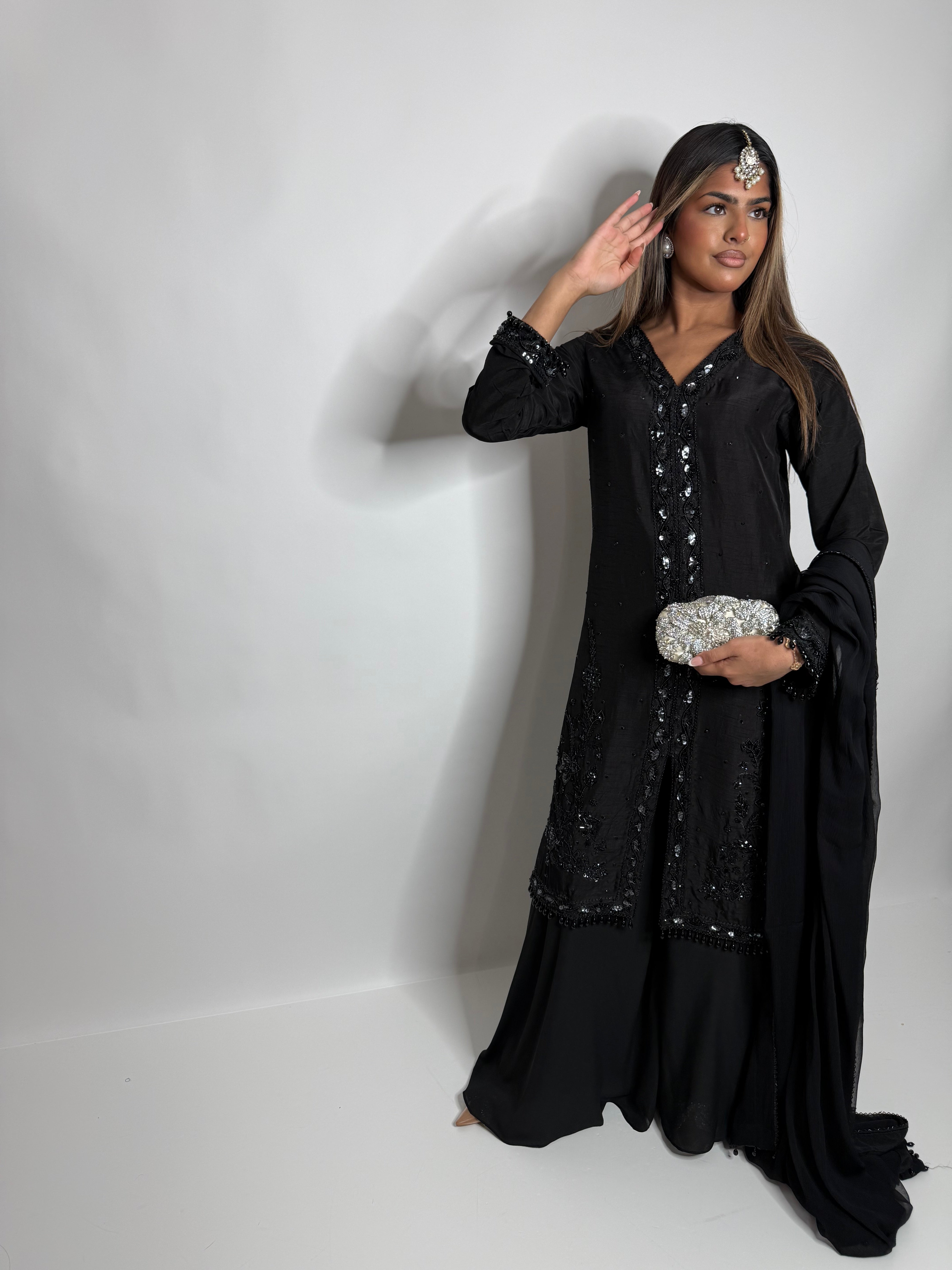 BLACK EMBELLISHED CHIFFON SHARARA THREE PIECE SUIT UK | THE NOIRÉLLE