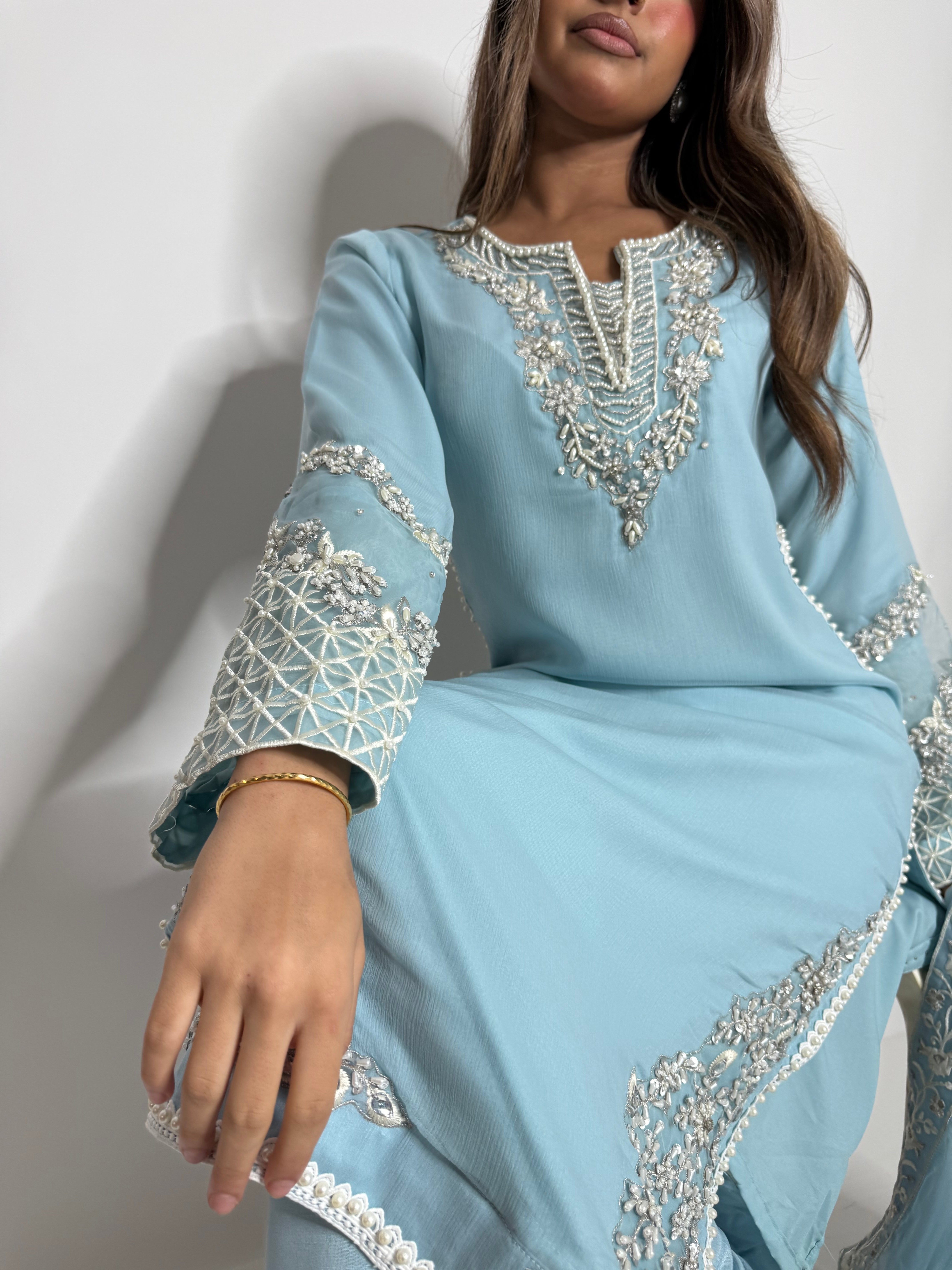 CELESTIAL BLUE CHIFFON THREE PIECE SUIT UK | THE ALARISSE