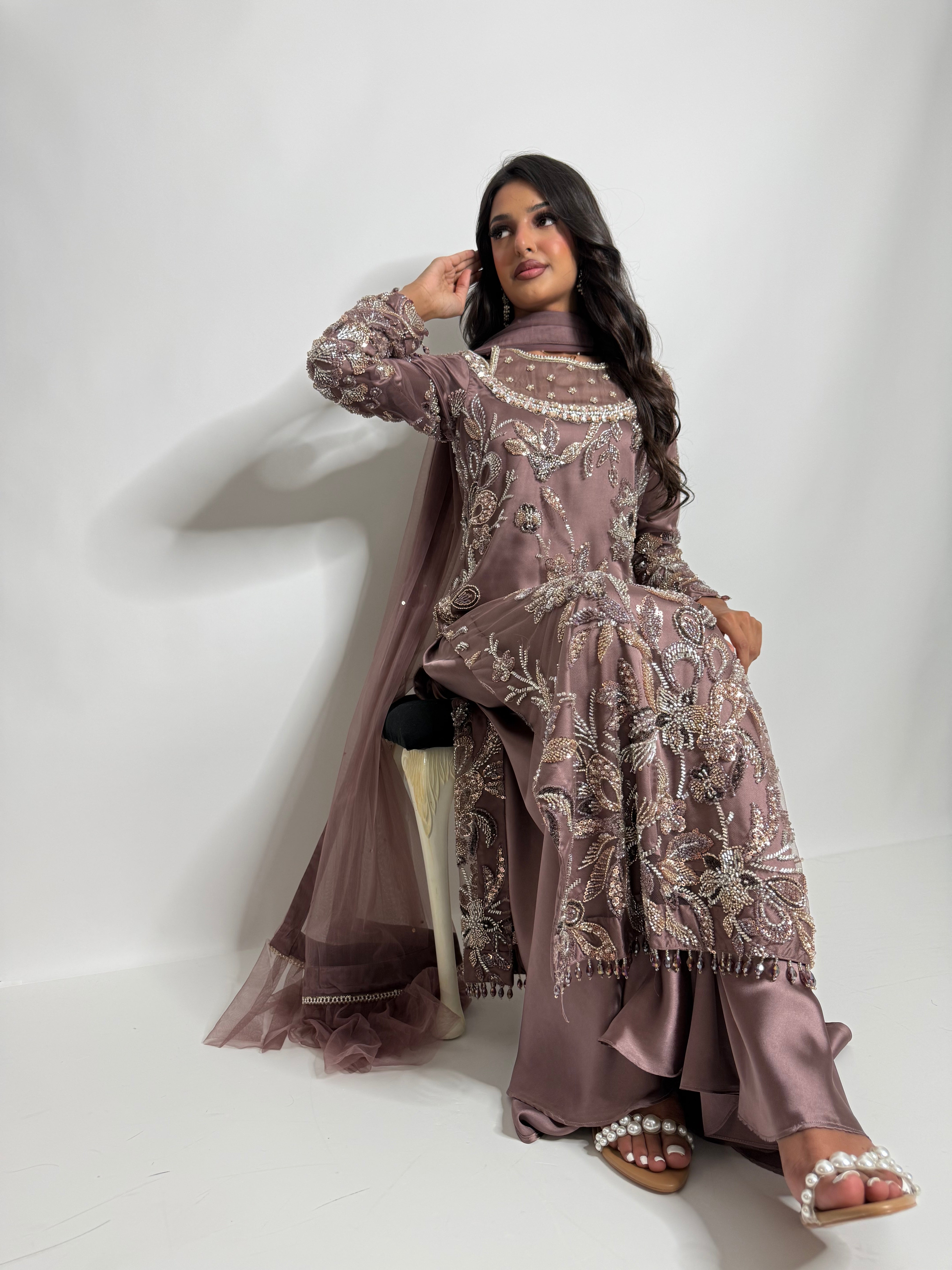 Noorzeba | Luxury Pakistani Cutdana Hand Embroidered Silk Sharara Suit UK | Wedding Guest, Eid & Party Wear