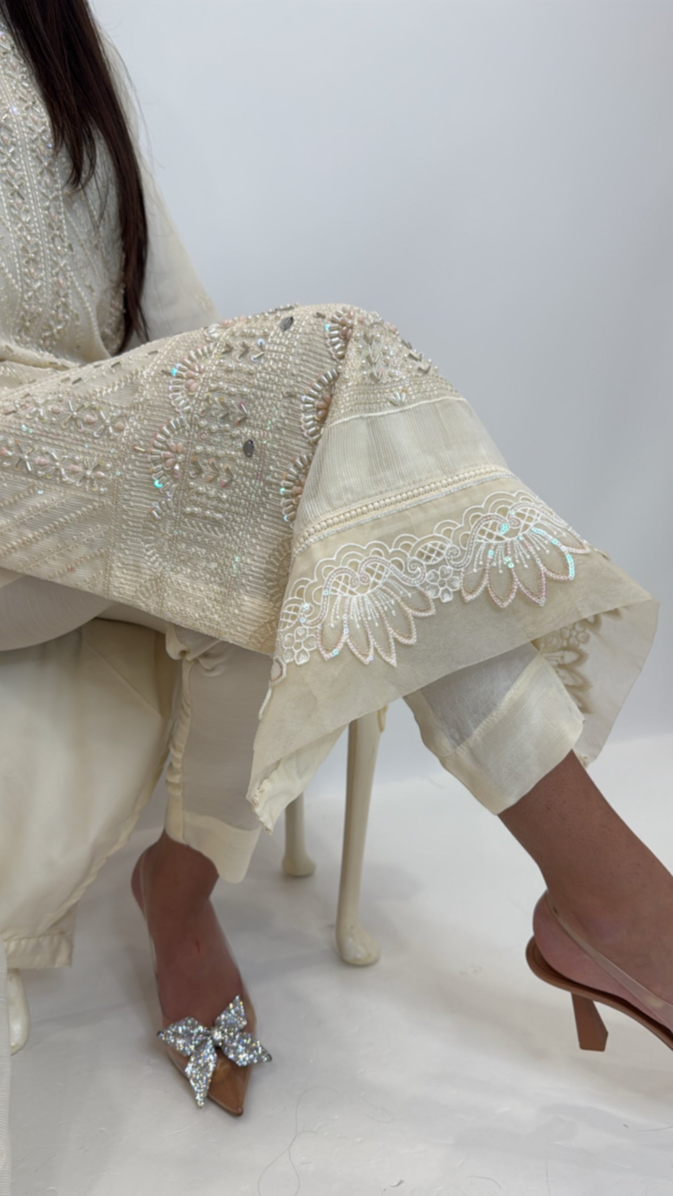 Elara Ivory | Embroidered Feather Cuff Kameez Set (3 Piece)