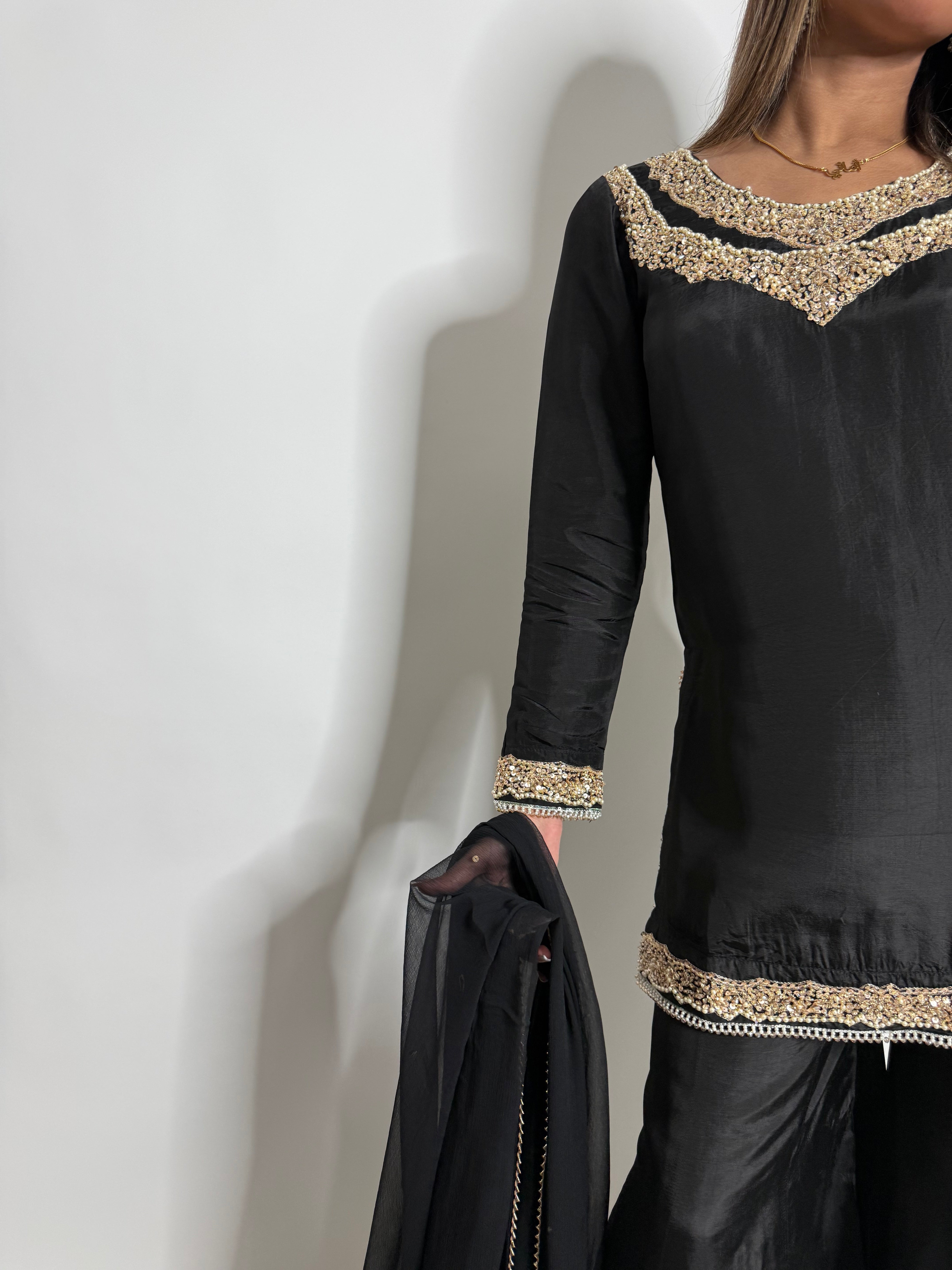 BLACK SILK SHARARA SUIT UK | THE KAIA NOIRE