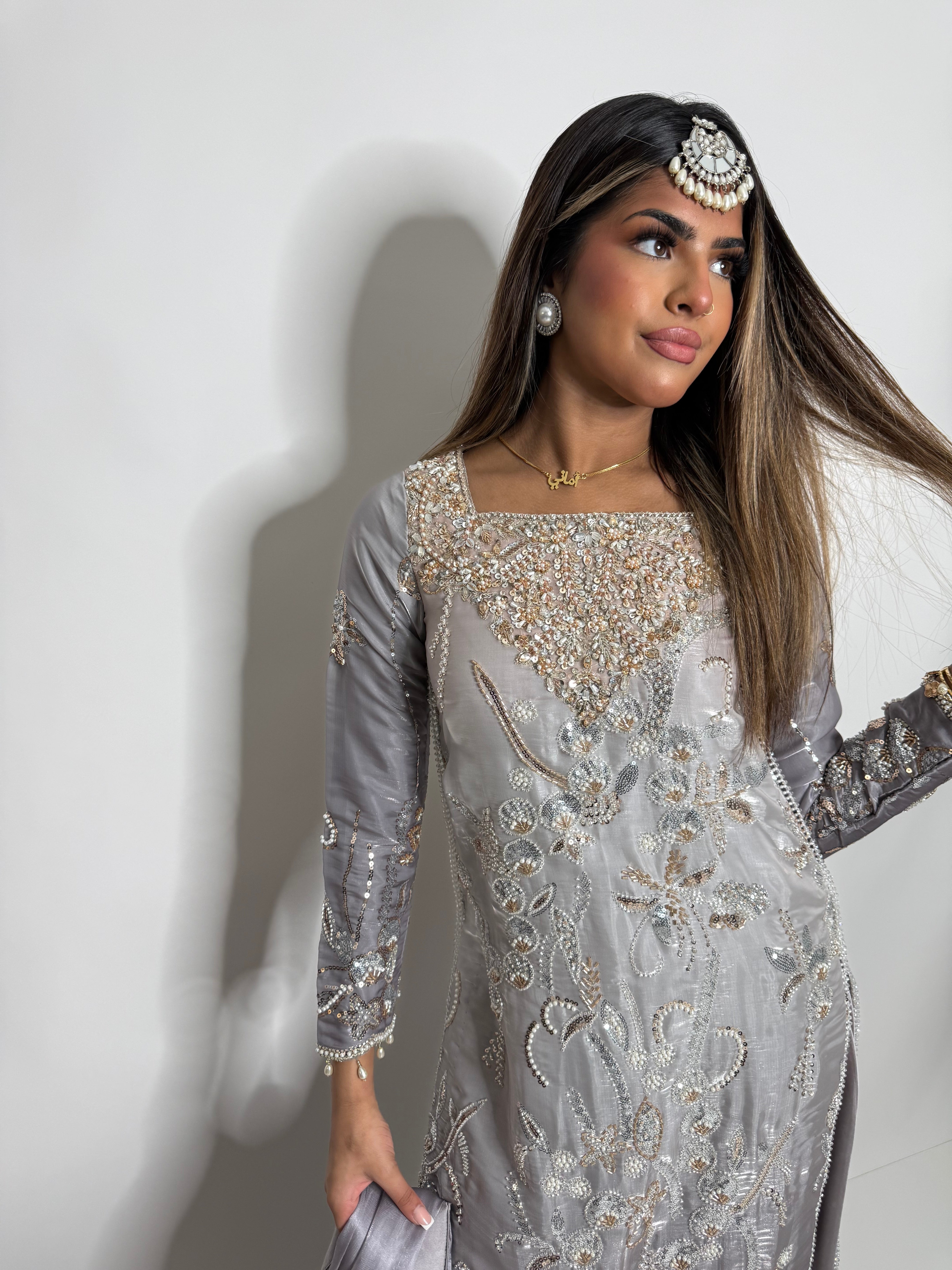 FALAK ARA | LUXURY PAKISTANI SOFT LAVENDER HAND EMBROIDERED SILK SHARARA SUIT UK | WEDDING GUEST, EID & PARTY WEAR