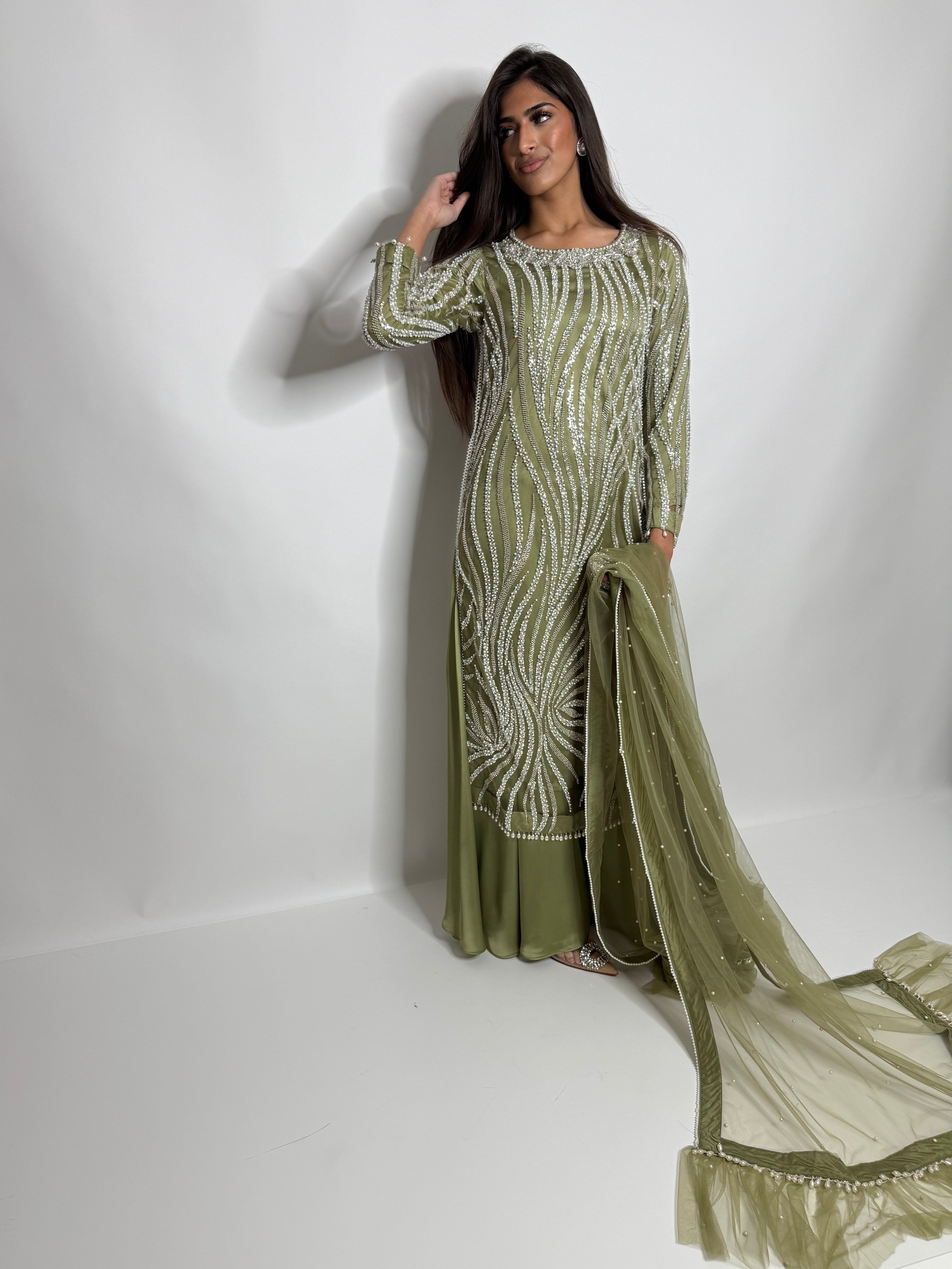Olive Green Cutdana Sharara Three Piece Suit UK | The Mirabelle