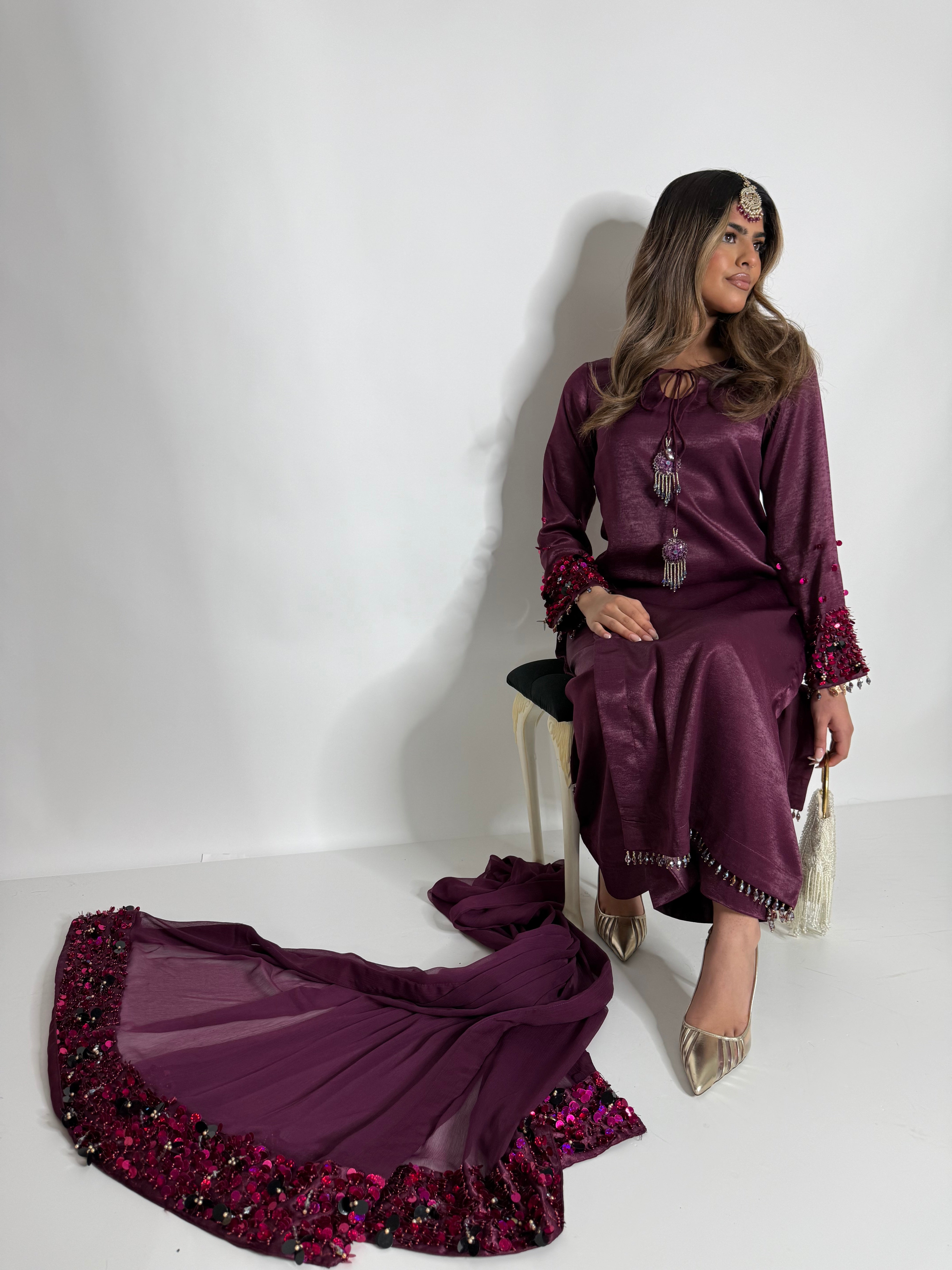 PLUM SILK THREE PIECE SUIT UK | THE MAHIRA VÉLOUR