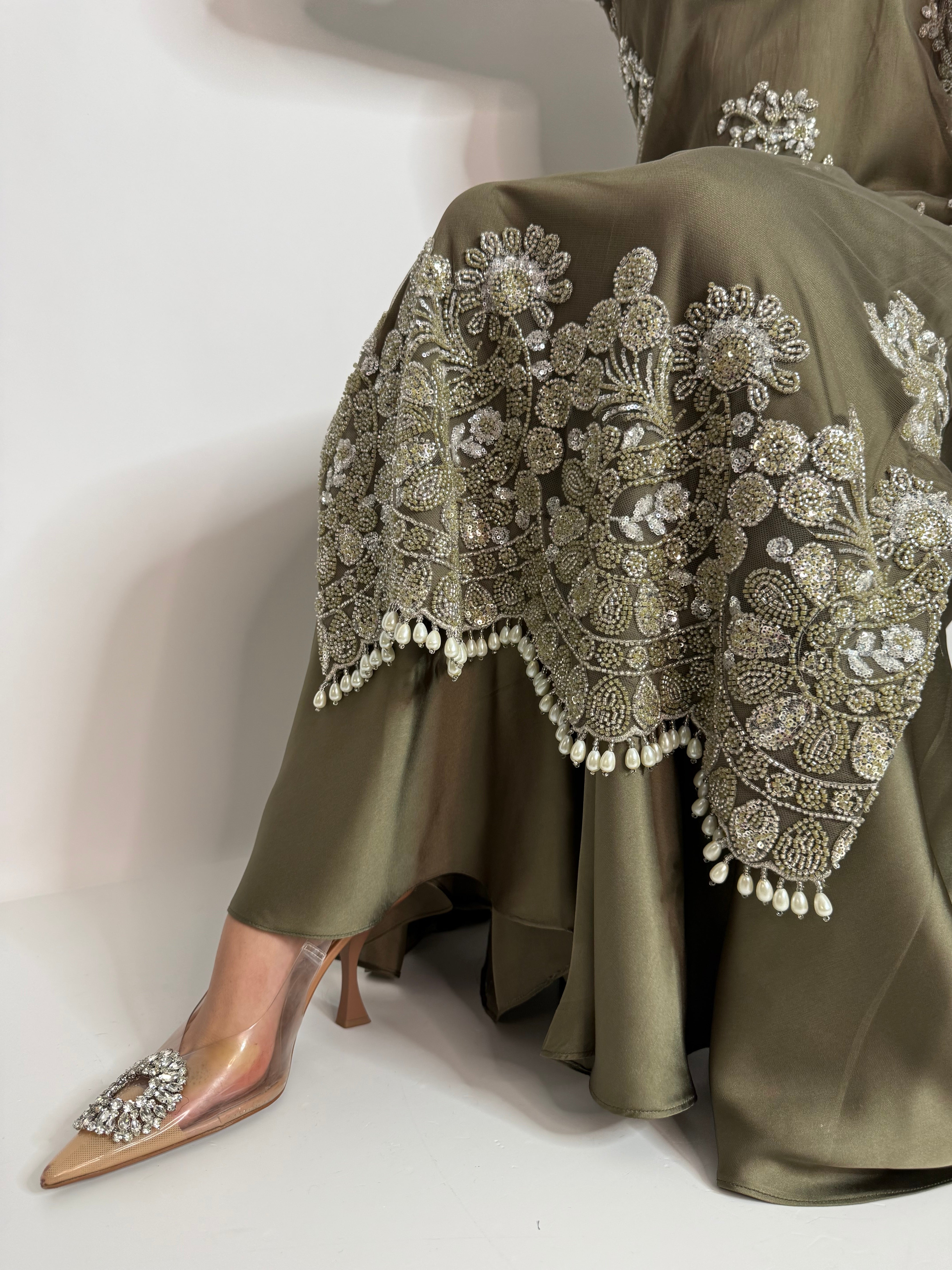 Olive Luxe Embroidered Sharara Suit UK | The Arlisse