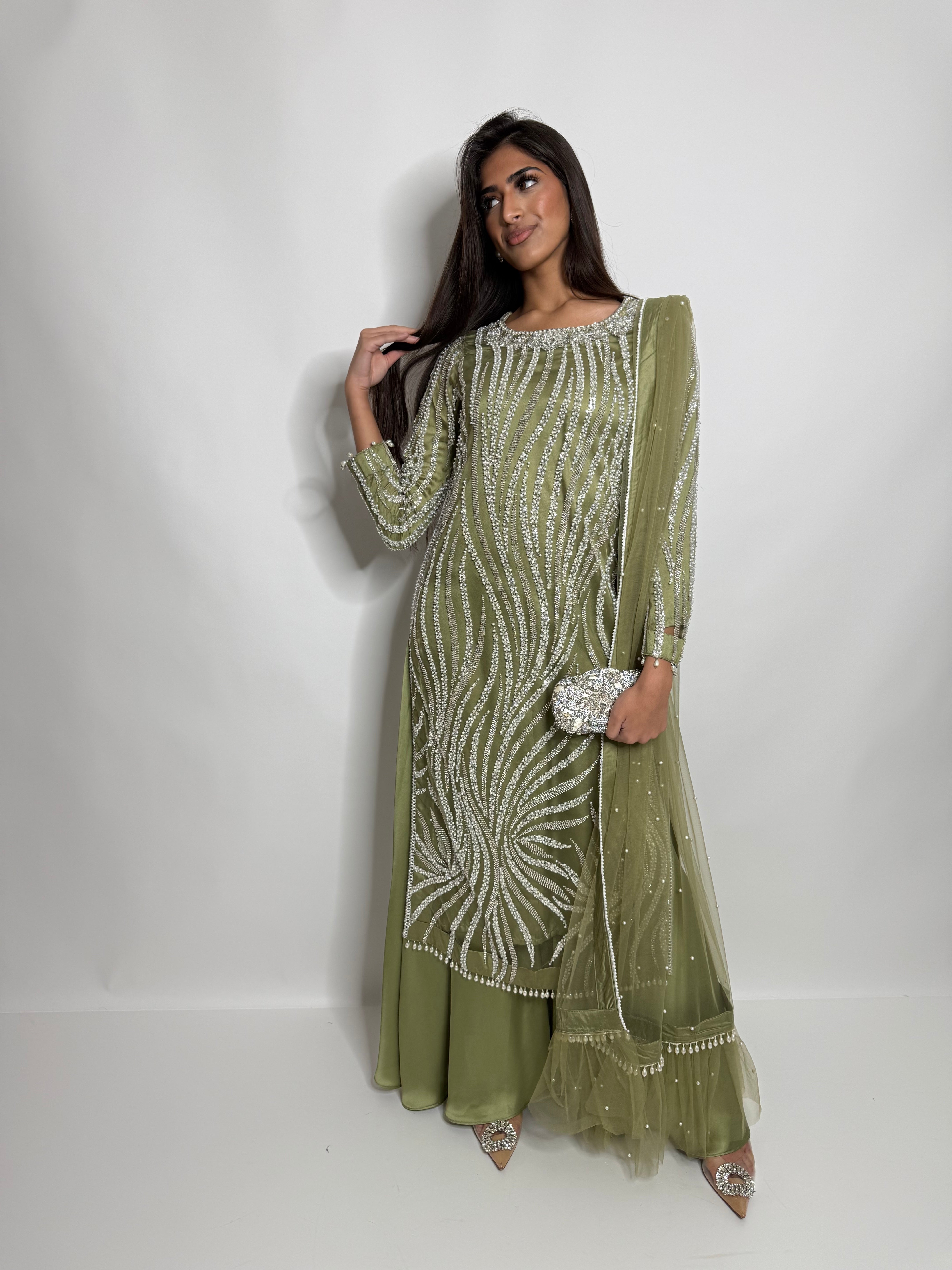 Olive Green Cutdana Sharara Three Piece Suit UK | The Mirabelle