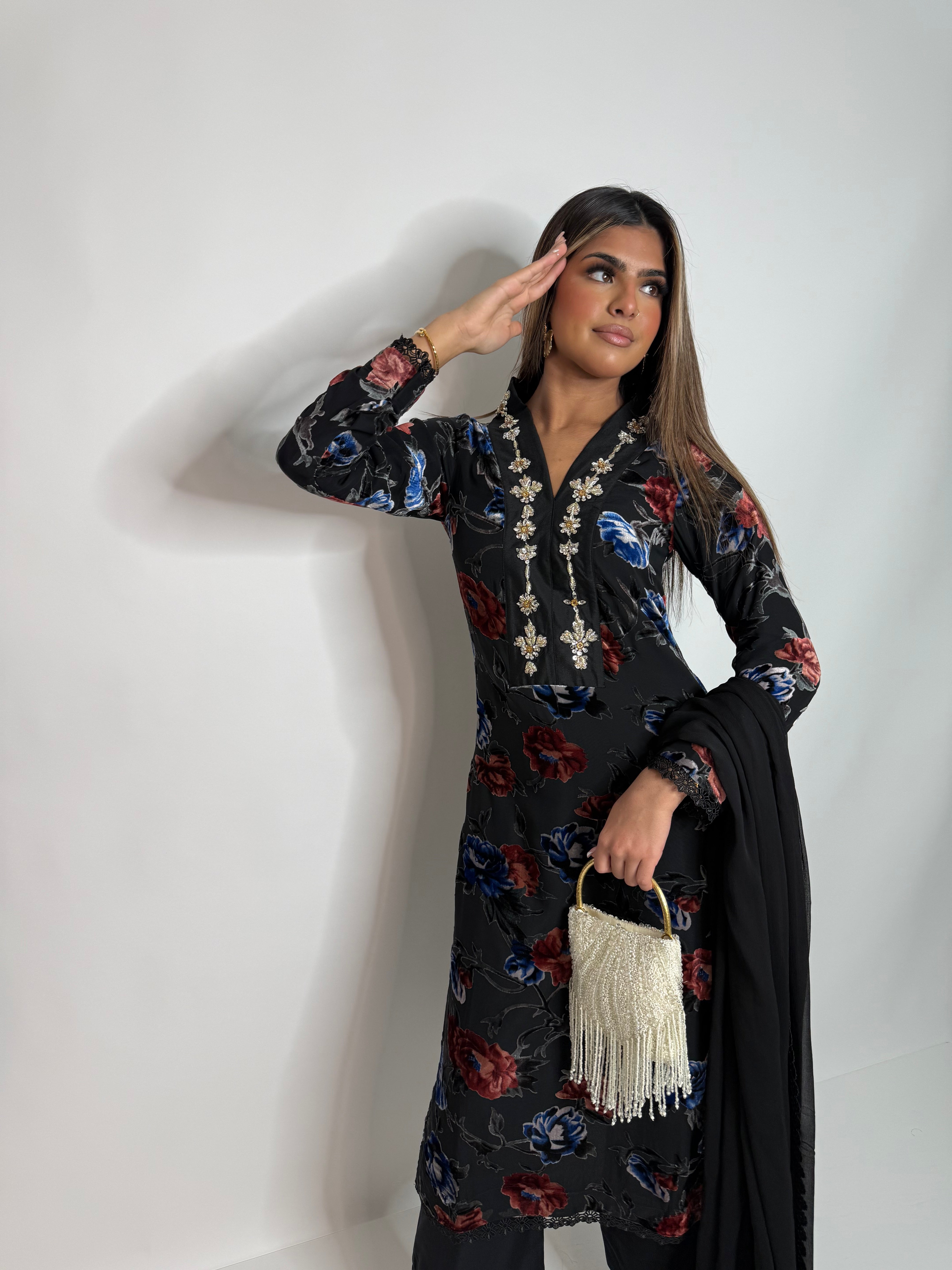 Black Floral Palachi Three Piece Suit UK | The Calvienne