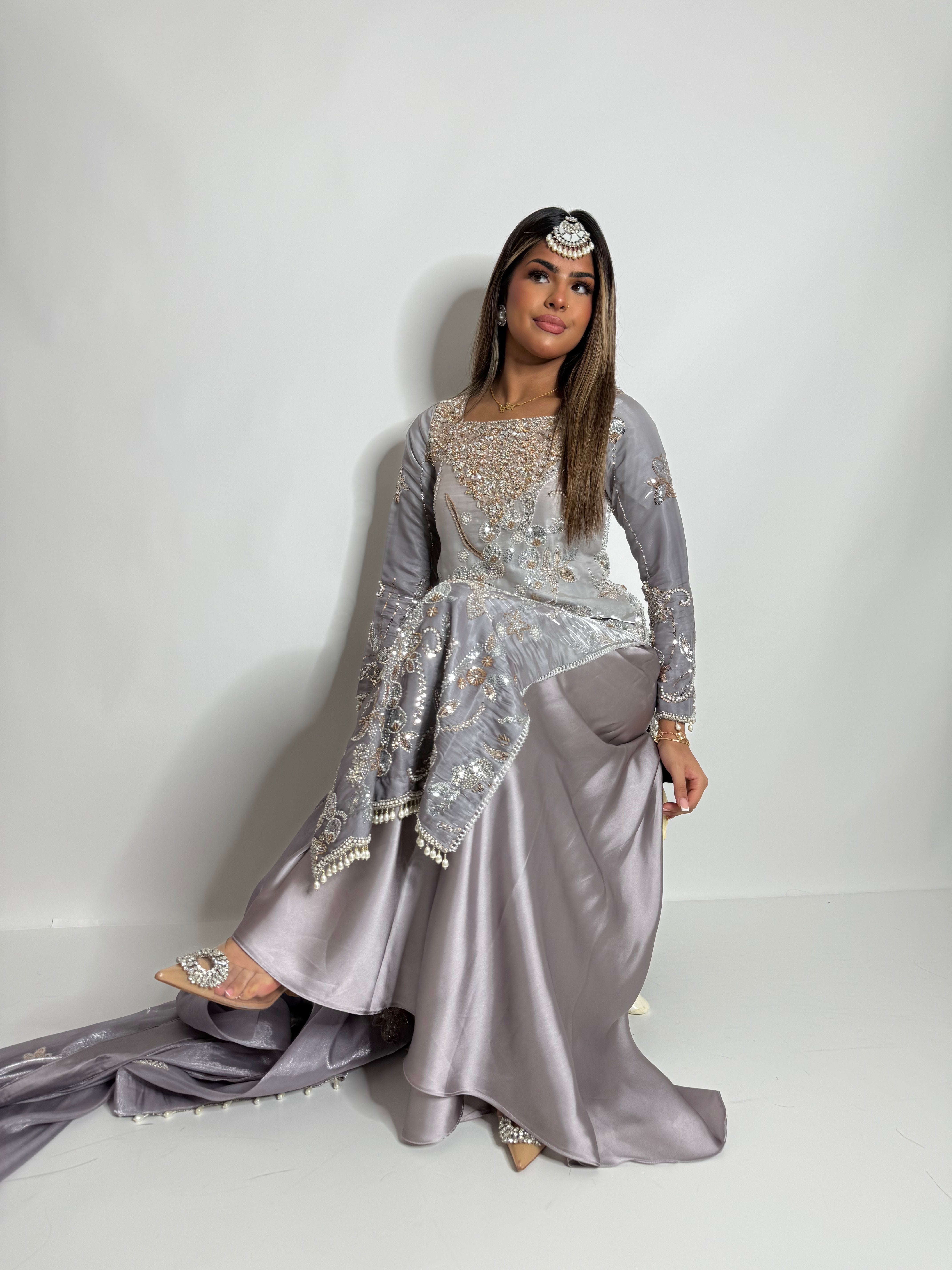 FALAK ARA | LUXURY PAKISTANI SOFT LAVENDER HAND EMBROIDERED SILK SHARARA SUIT UK | WEDDING GUEST, EID & PARTY WEAR