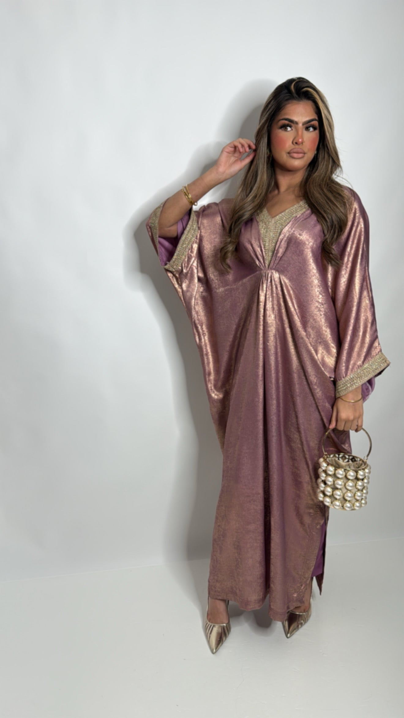 Luméva Roselle | Mauve Shimmer Silk Kaftan Set (2 Piece)