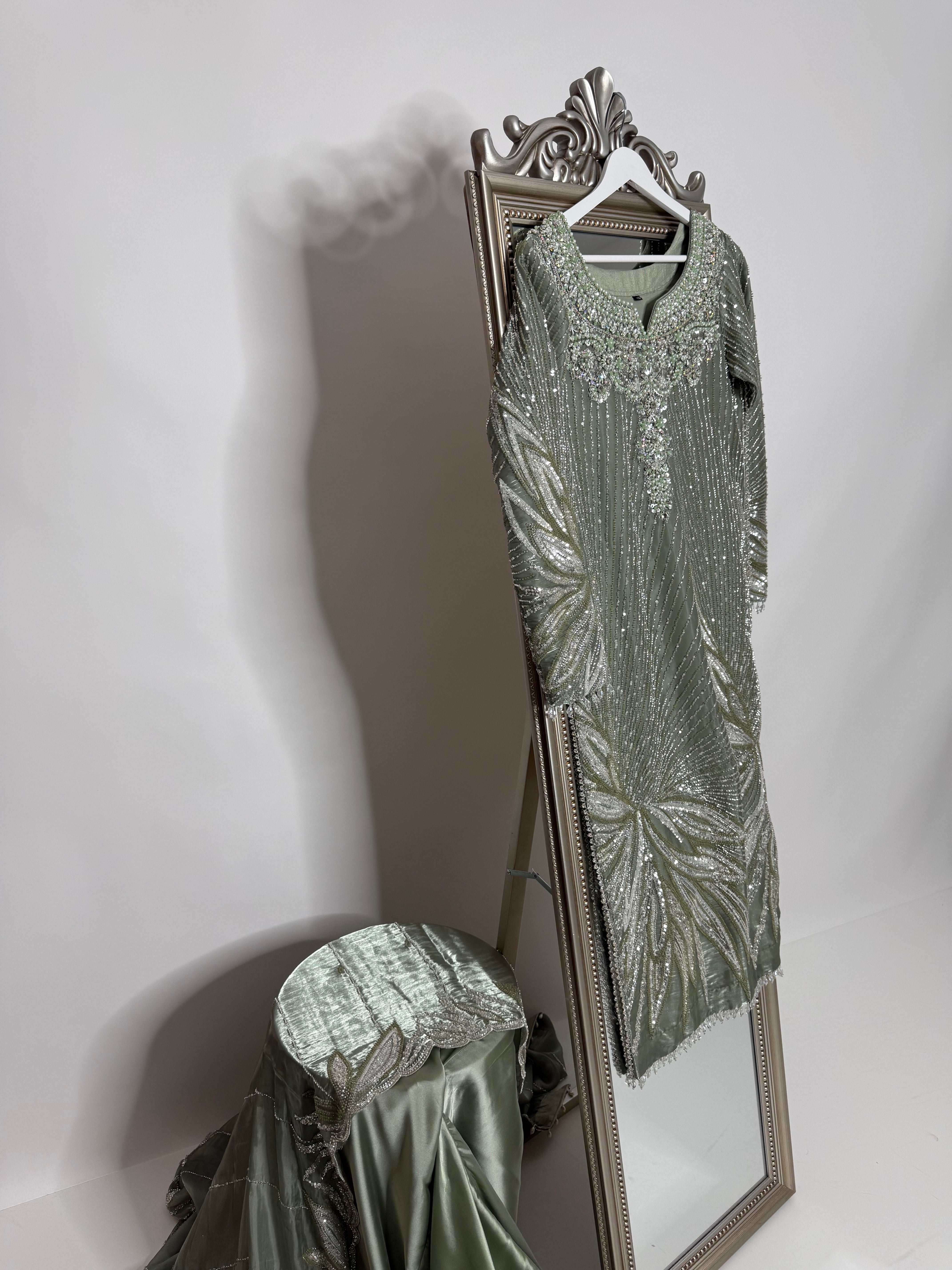 Sage Green Cutdana Silk Sharara Suit UK | The Maelis