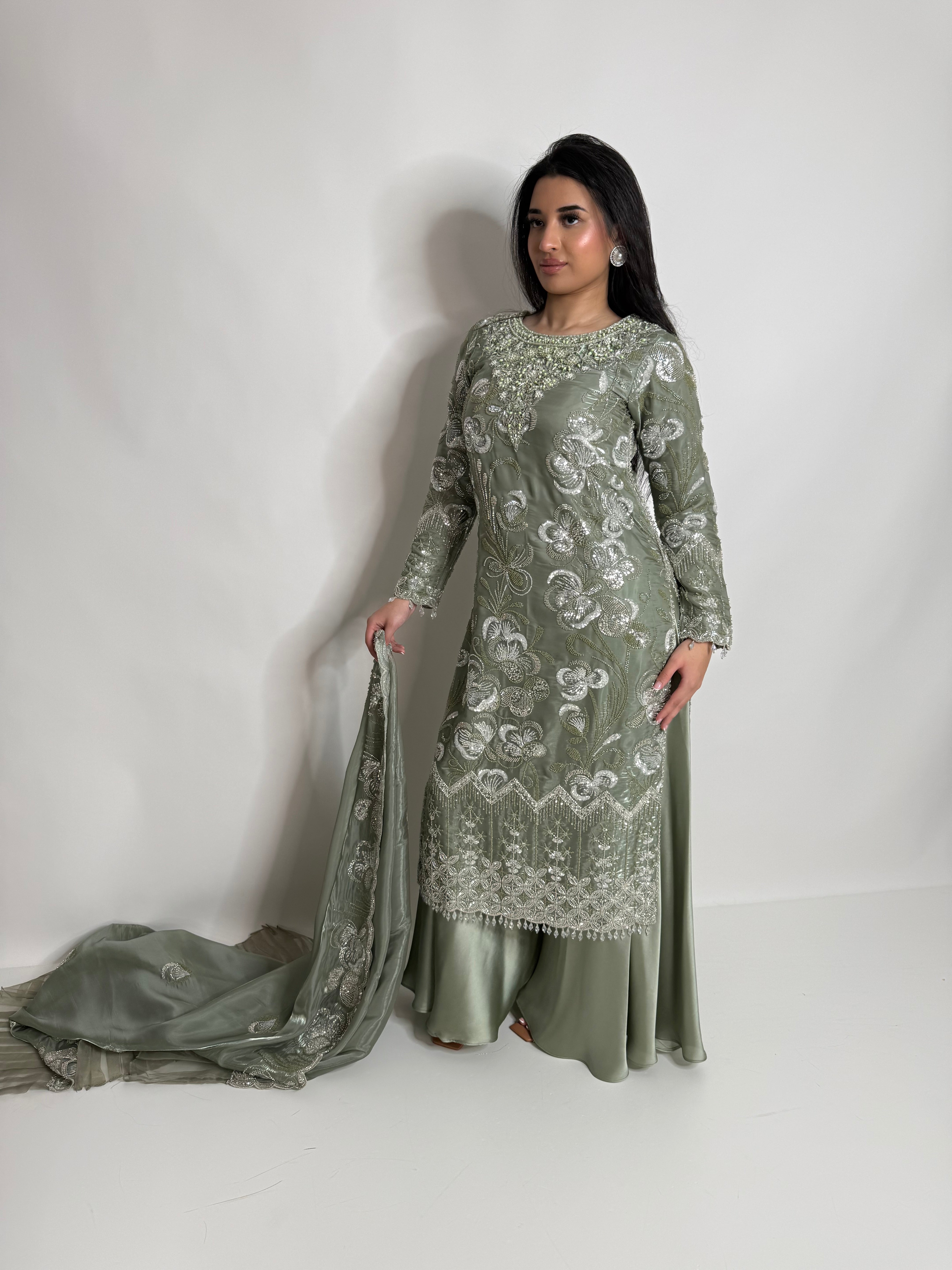 SAGE GREEN SILK CUTDANA THREE PIECE SUIT UK | THE LYSENNE