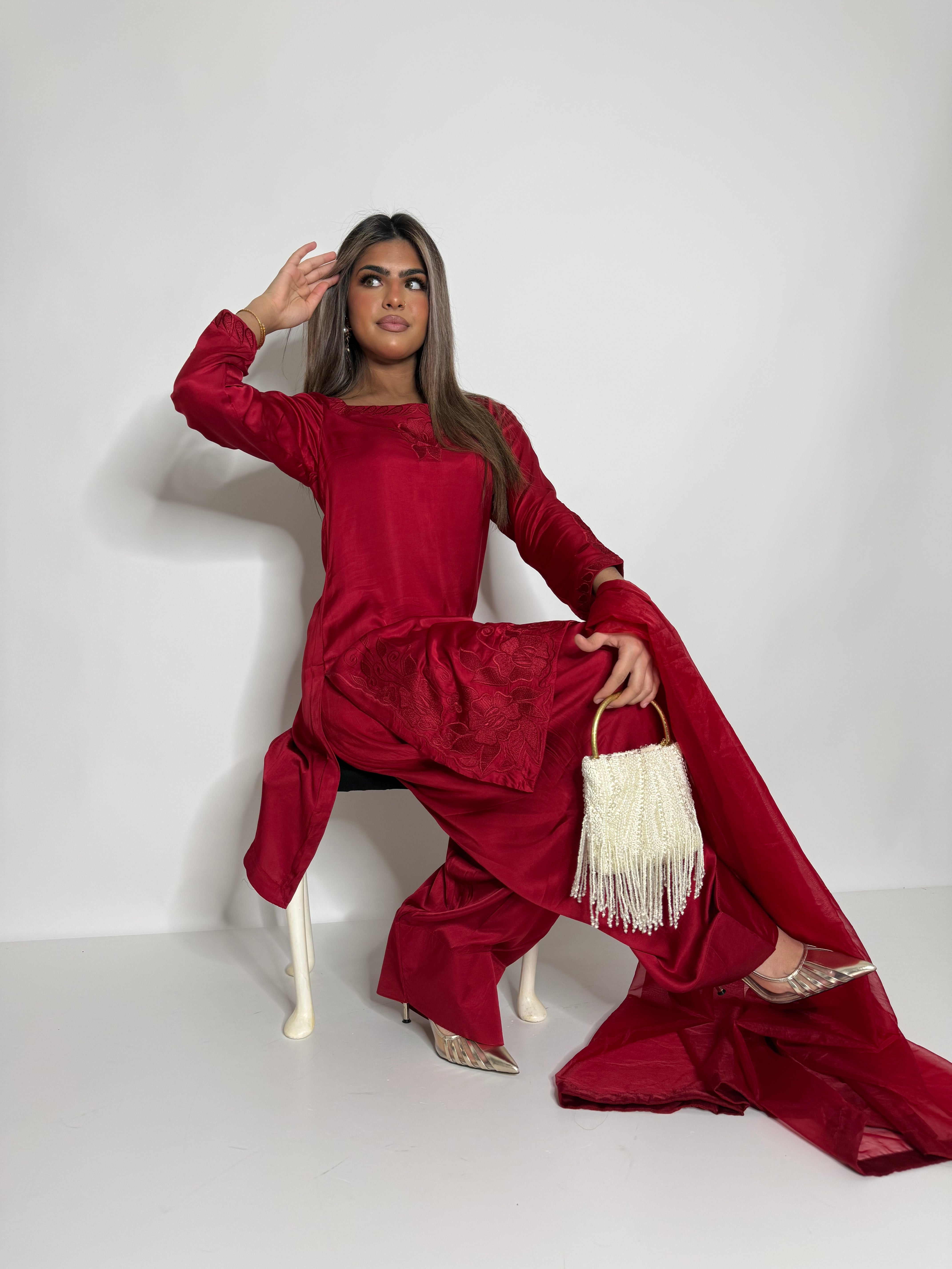Crimson Étoile Silk Farshi Three Piece Suit UK