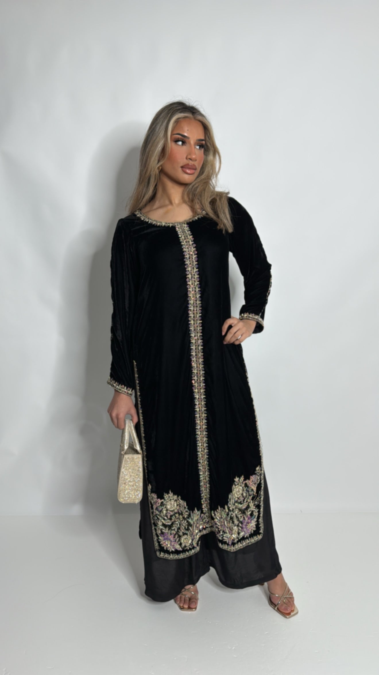 Black Velvet Embroidered Three Piece Suit UK | Midnight Zareen