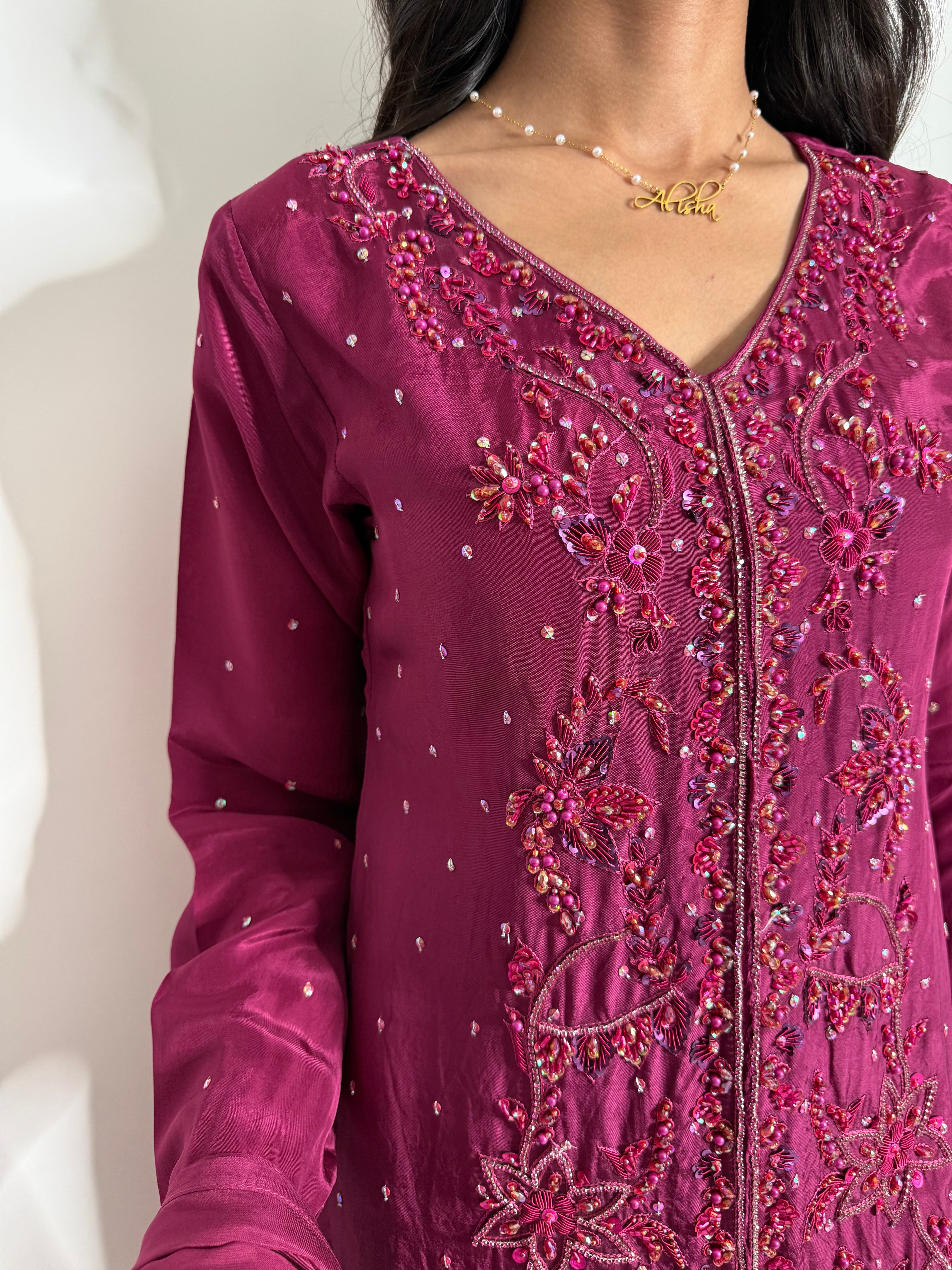 Mahveen | Luxury Pakistani Magenta Silk Sharara Suit UK | Hand Embroidered Wedding Guest & Eid Occasion Wear
