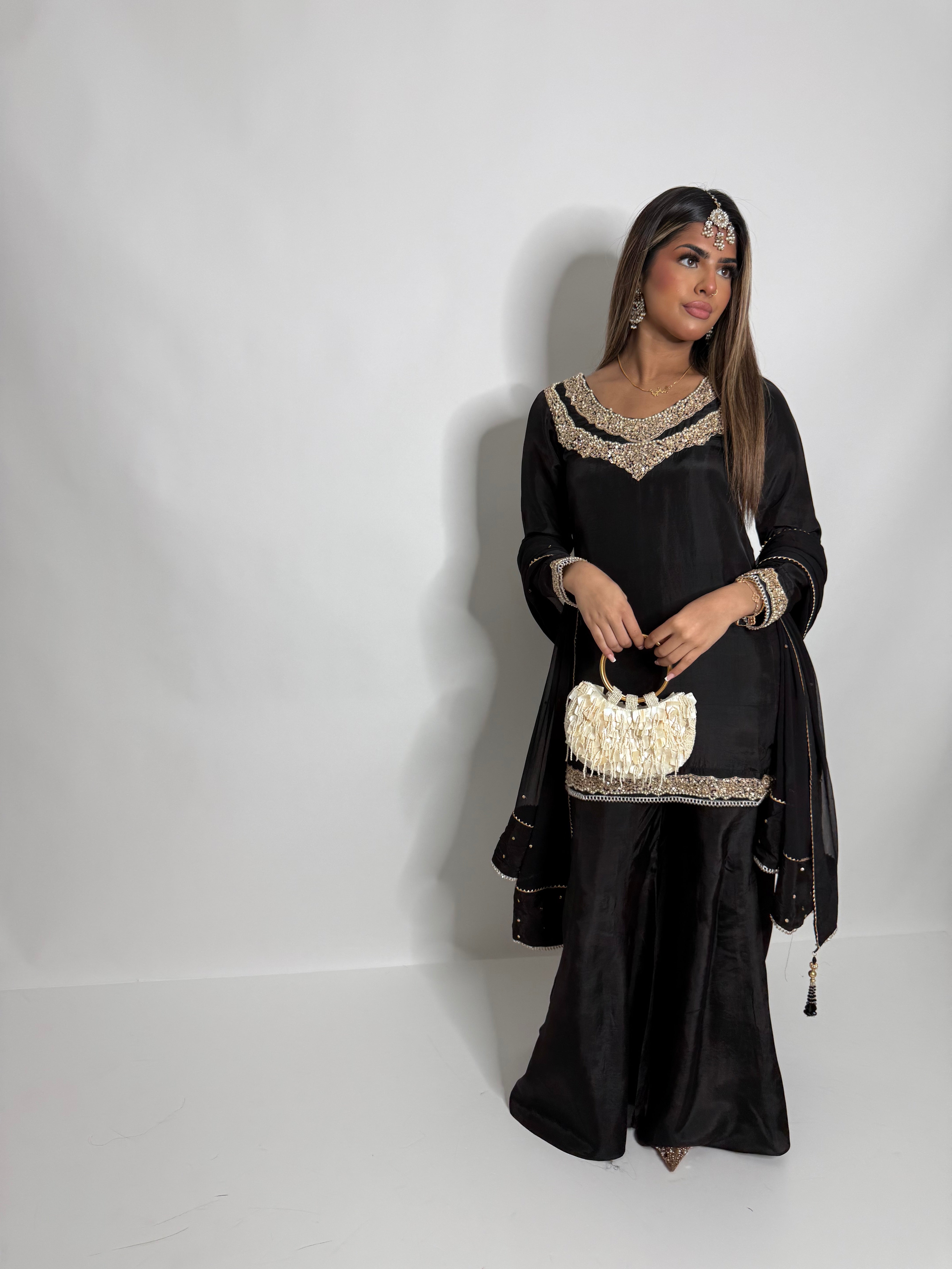 BLACK SILK SHARARA SUIT UK | THE KAIA NOIRE
