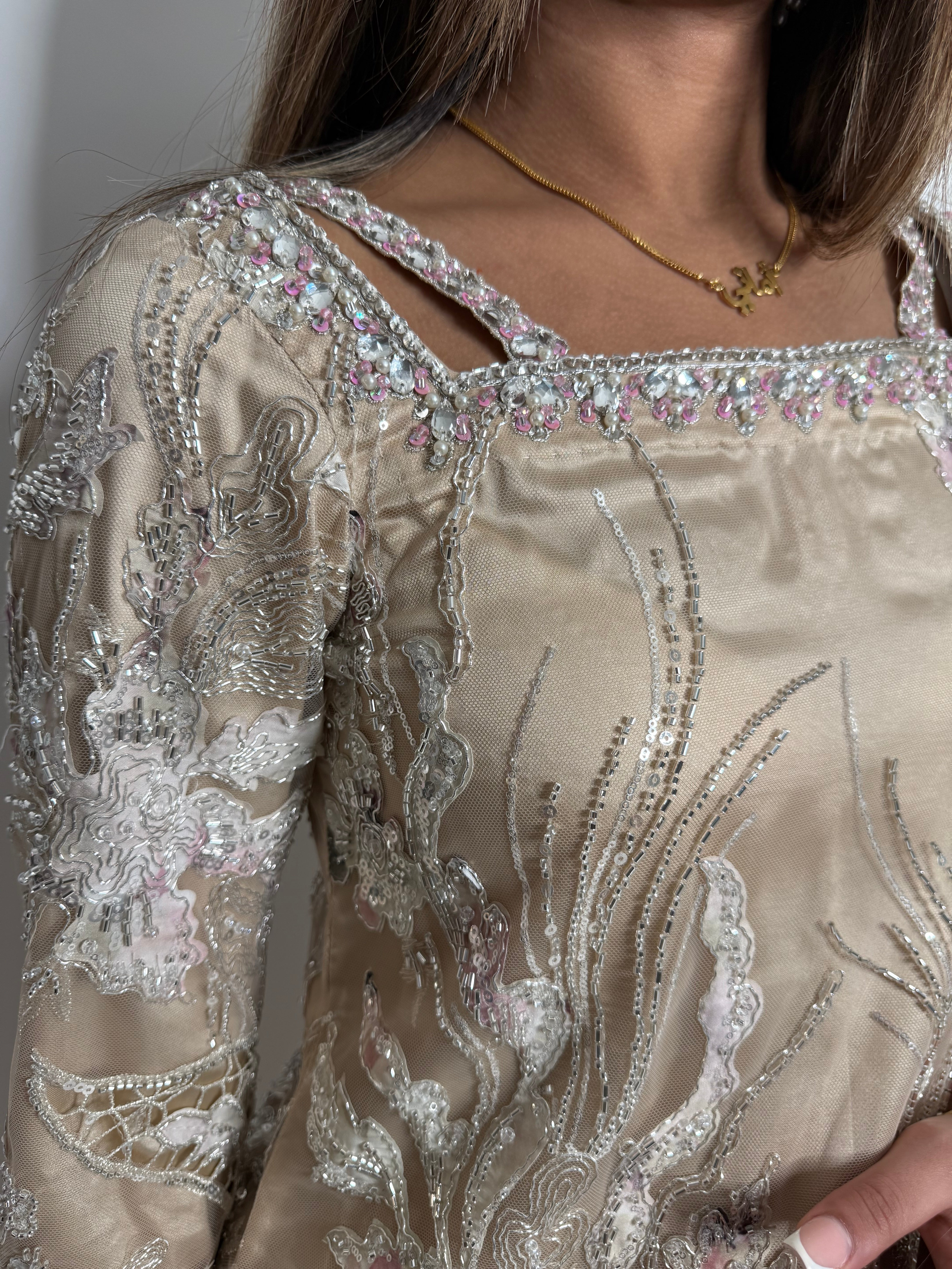 Zarqash | Luxury Pakistani Champagne Cutdana Sharara Suit UK | Wedding Guest, Nikkah & Eid Occasion Wear