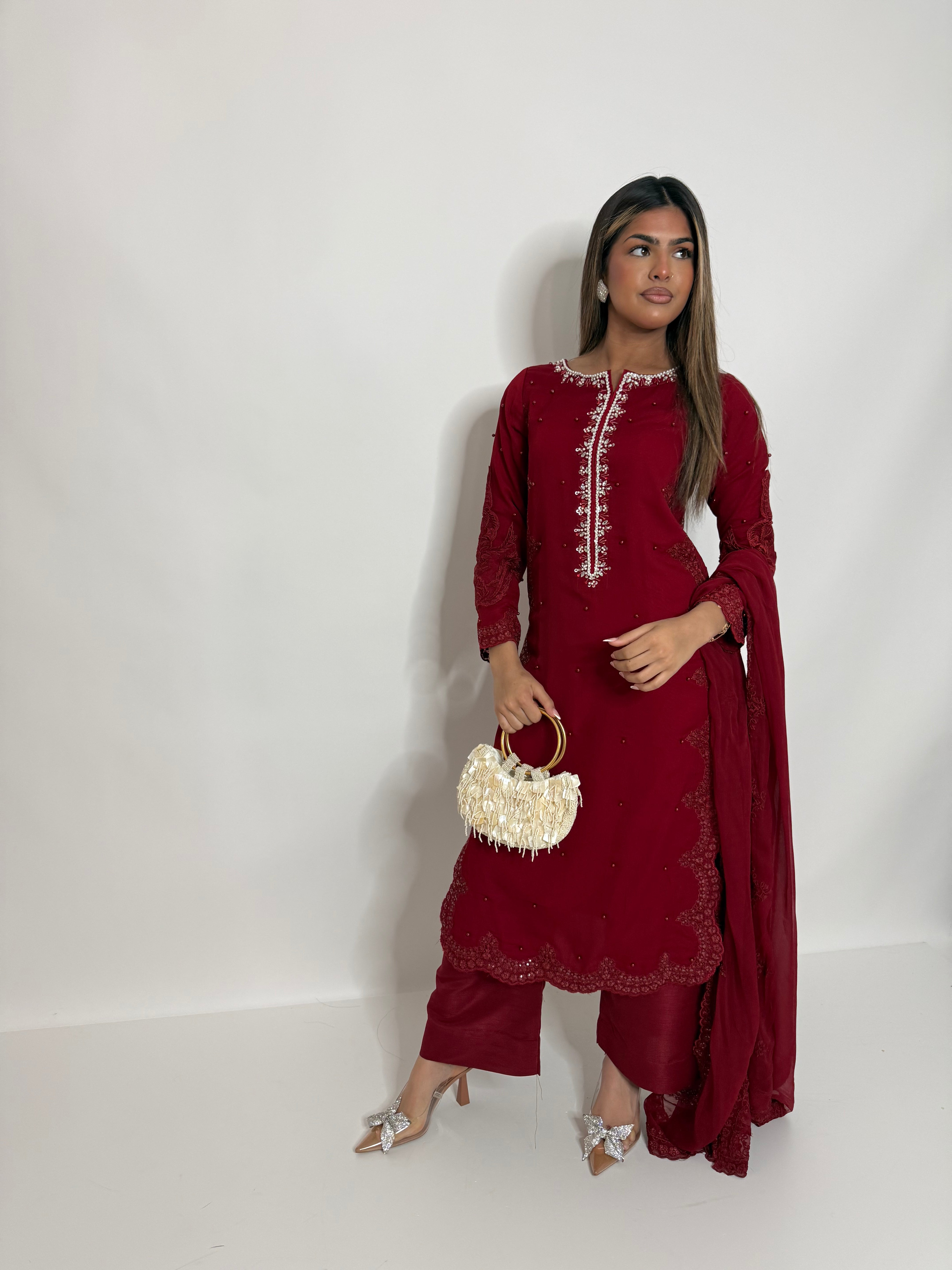RED EMBROIDERED THREE PIECE SUIT UK | THE AMARA RUE