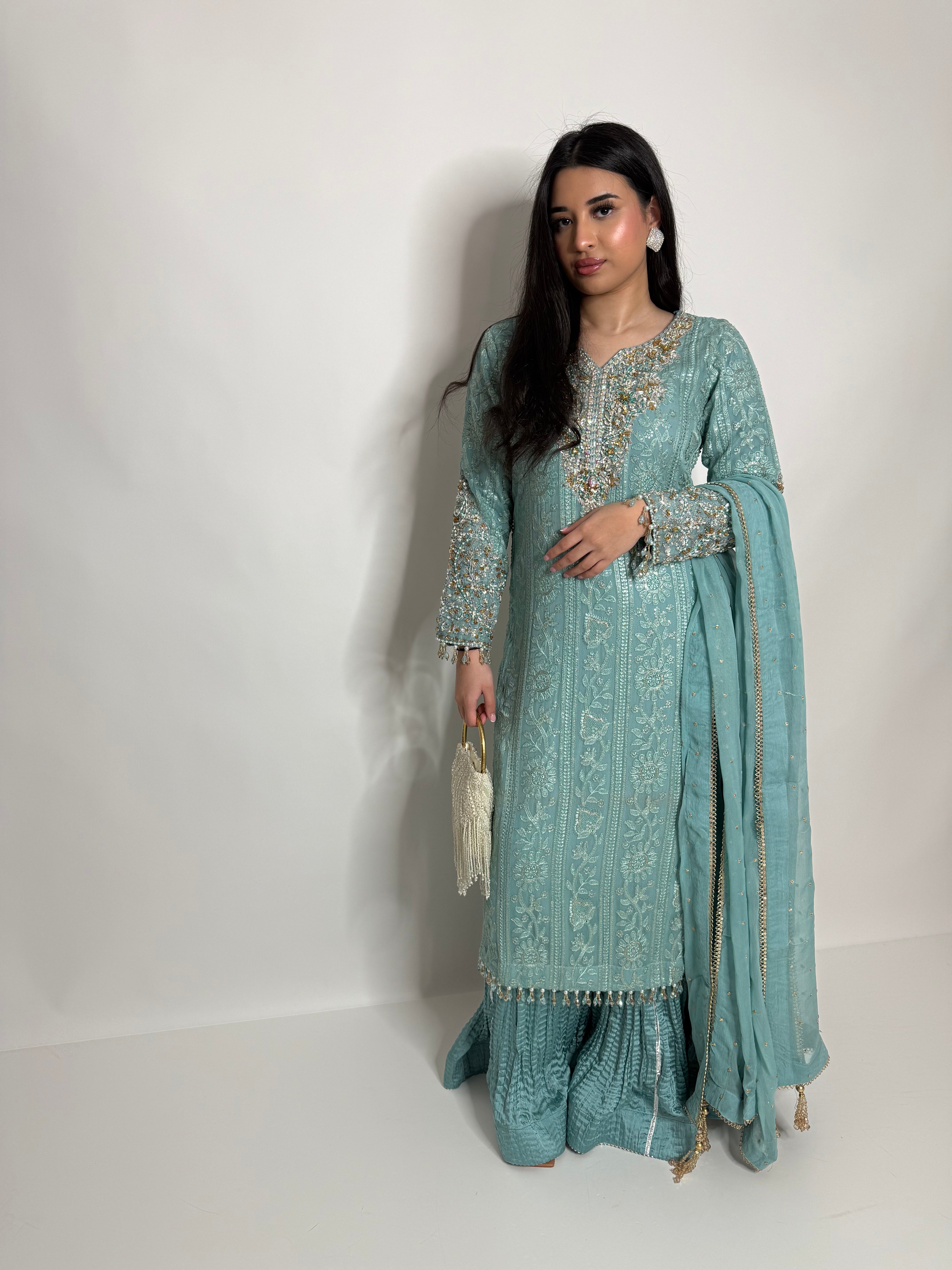 MINT GREEN CHIKANKARI SHARARA THREE PIECE SUIT UK | THE AZMIRA
