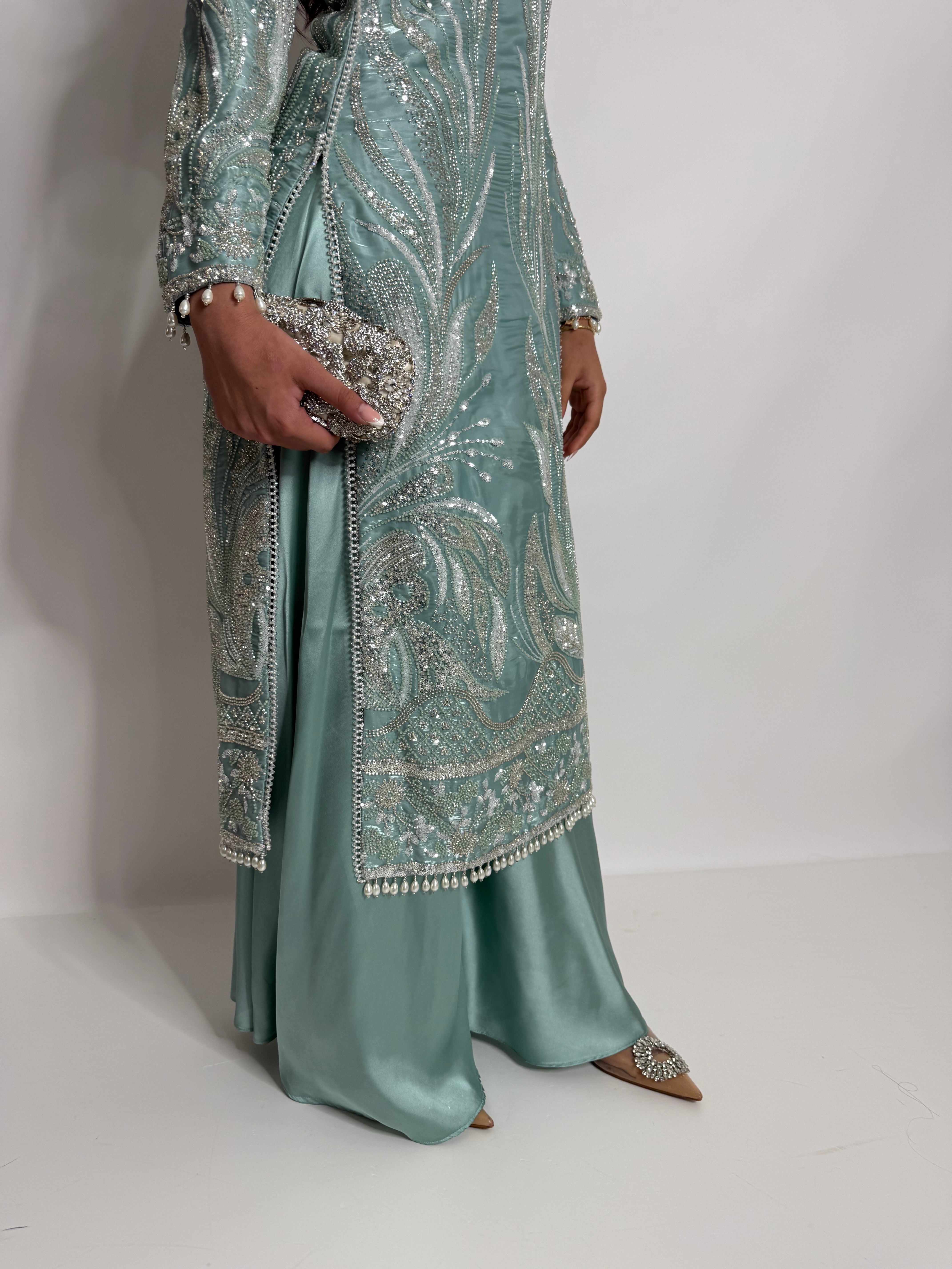 MINT SILK CUTDANA EMBROIDERED SHARARA SUIT UK | THE KAIA MIRETH