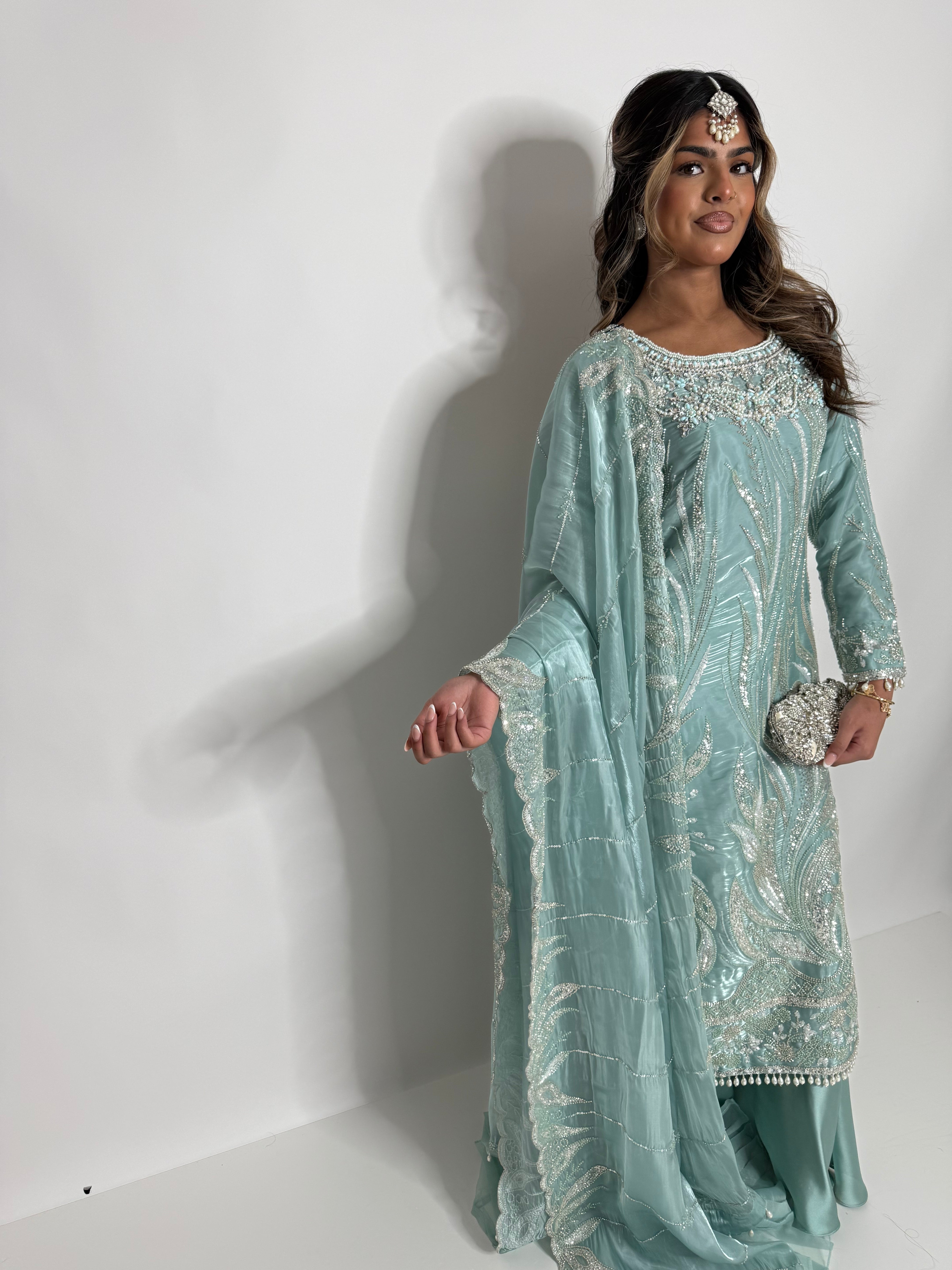 MINT SILK CUTDANA EMBROIDERED SHARARA SUIT UK | THE KAIA MIRETH