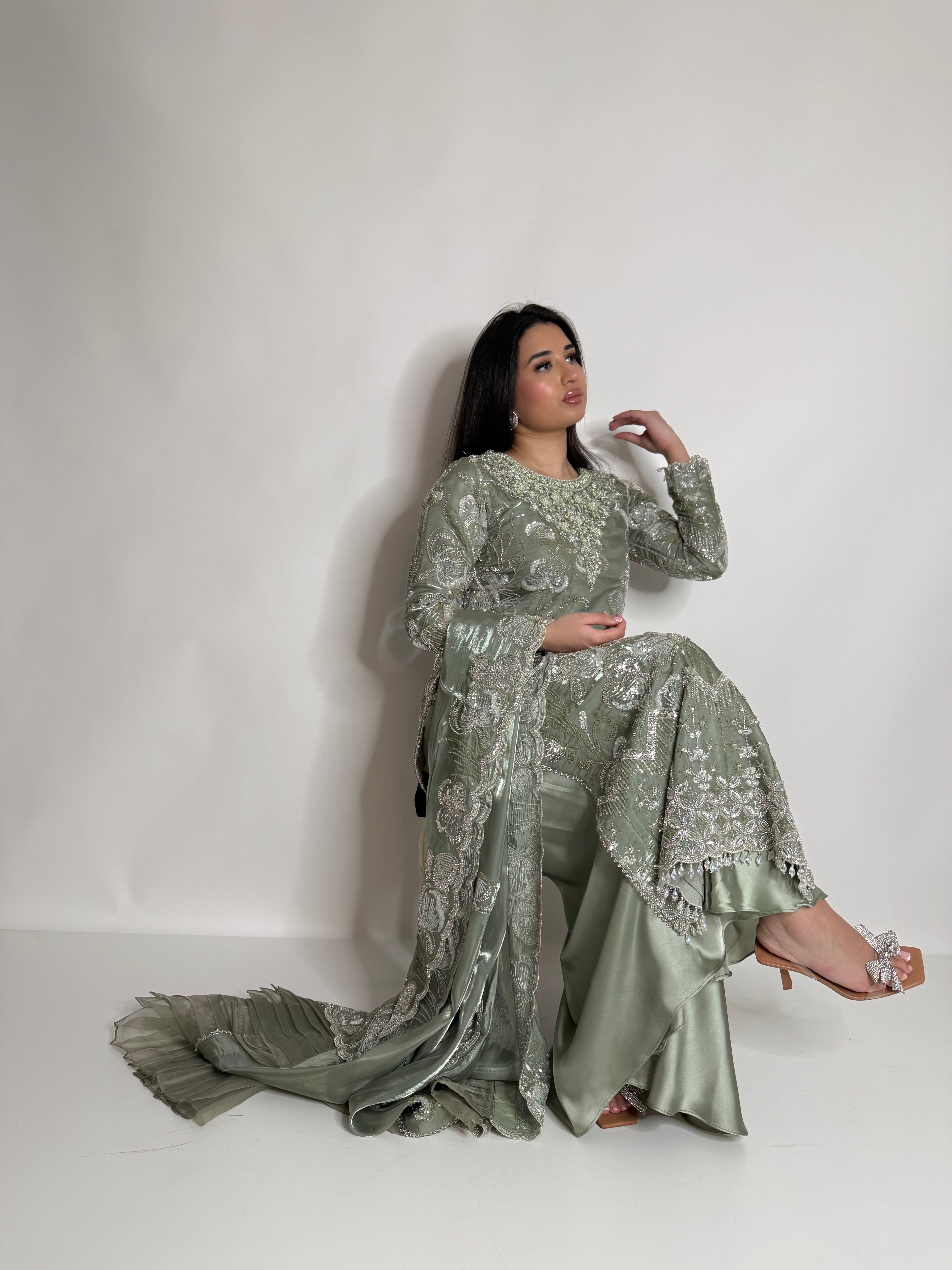 SAGE GREEN SILK CUTDANA THREE PIECE SUIT UK | THE LYSENNE