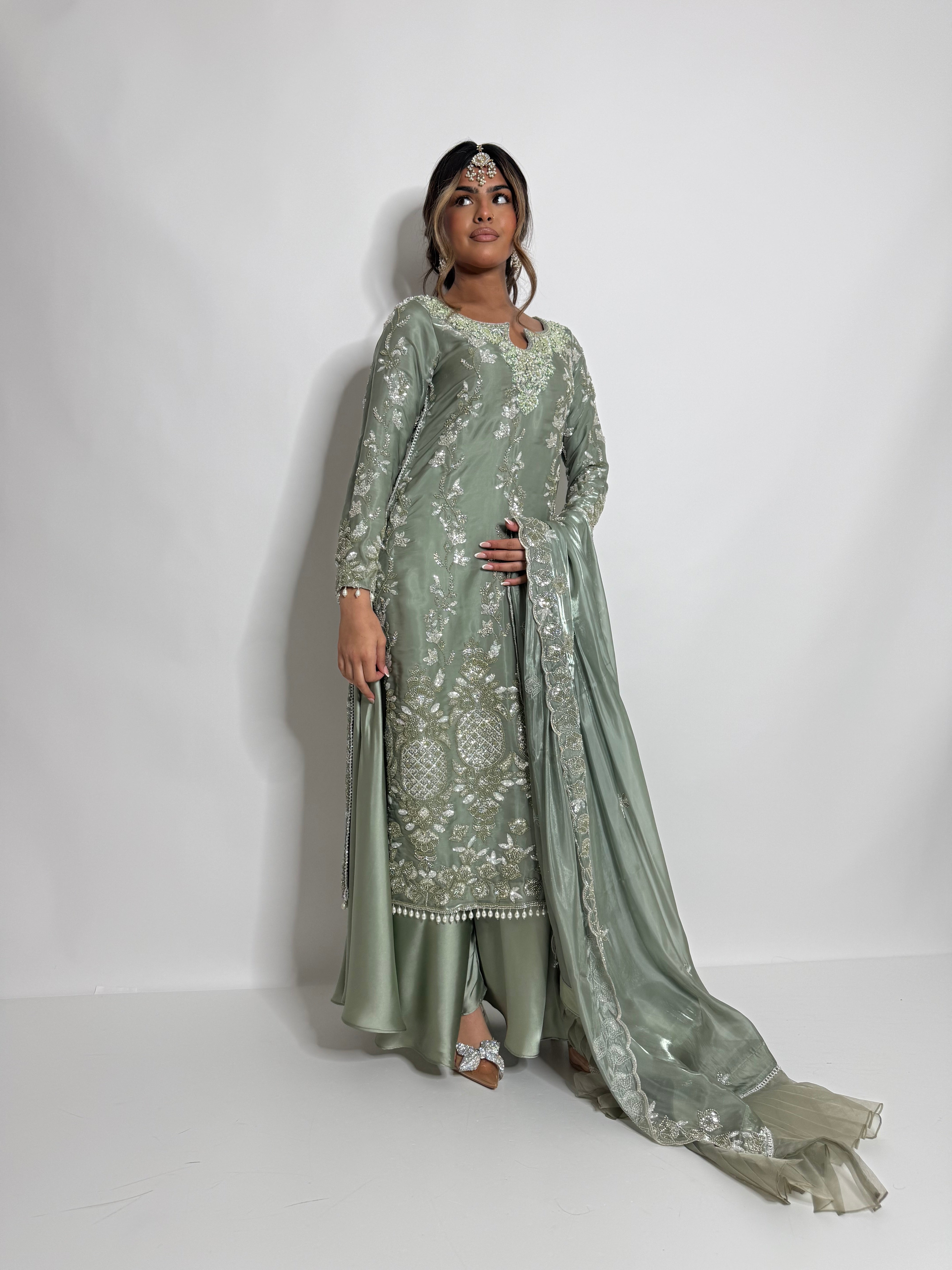 SAGE SILK EMBROIDERED THREE PIECE SUIT UK | THE ELYSIA VERDELLE
