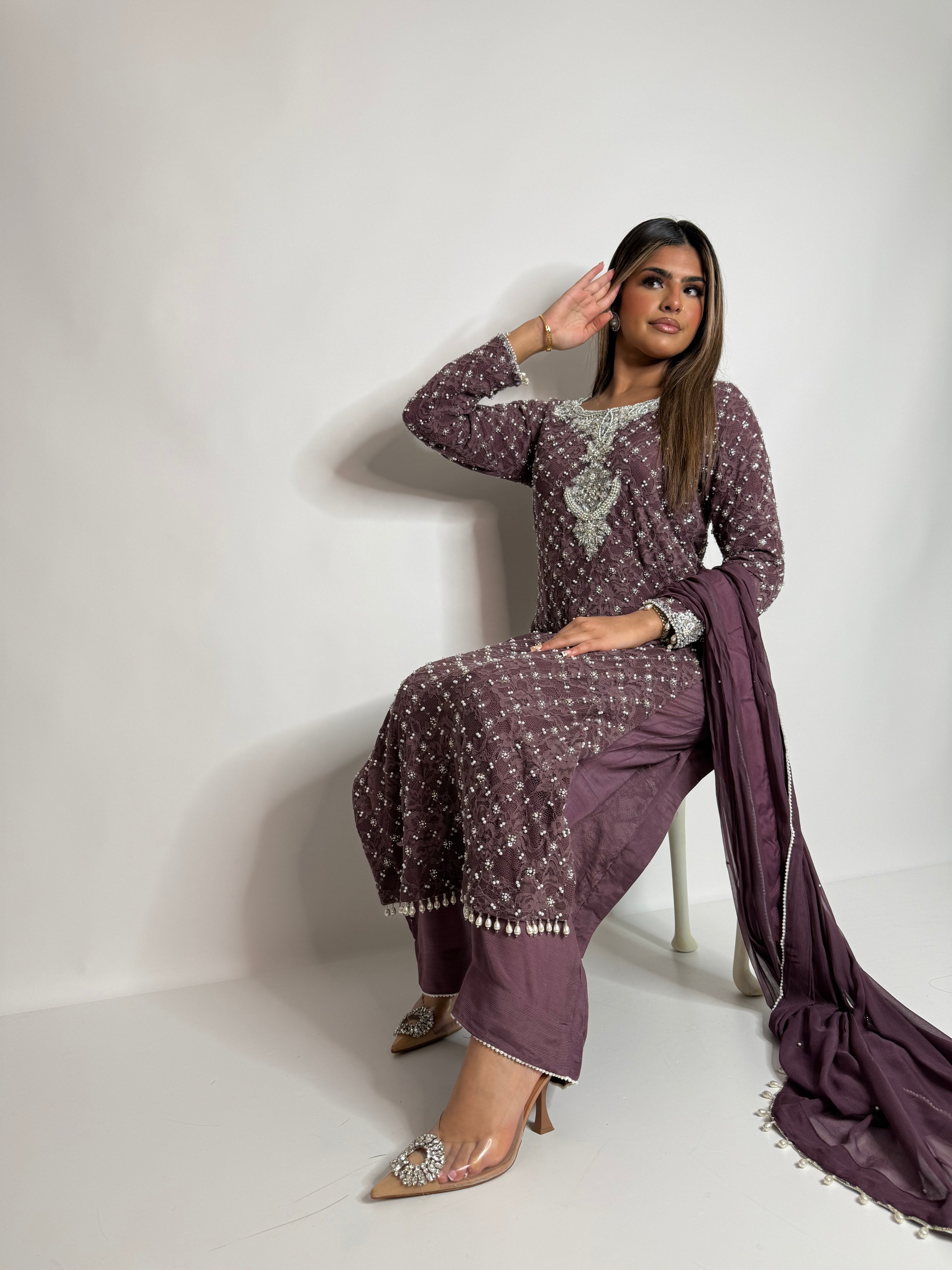 Lilac Pearl Crochet Three Piece Suit UK | The Mireya