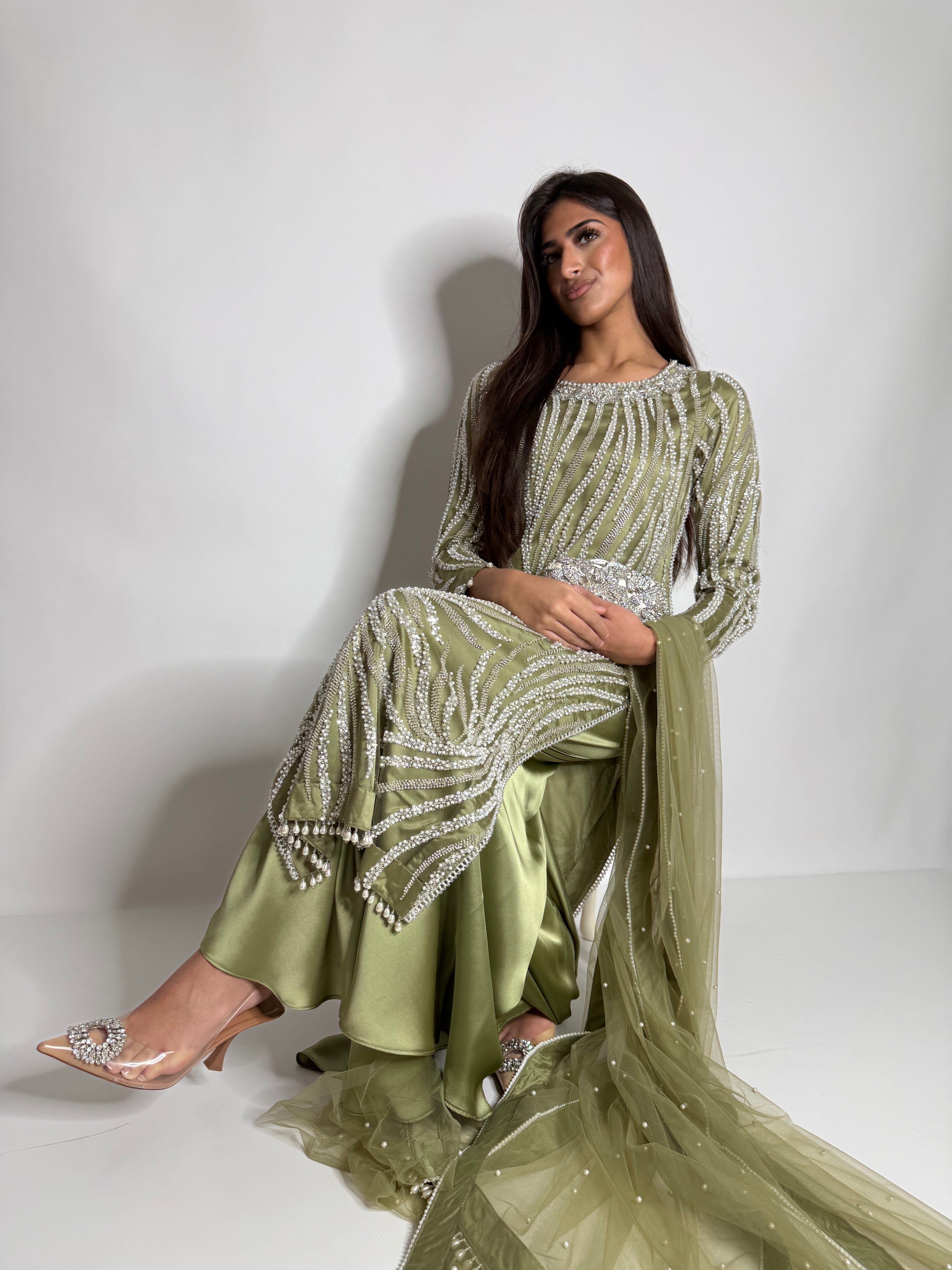 Olive Green Cutdana Sharara Three Piece Suit UK | The Mirabelle