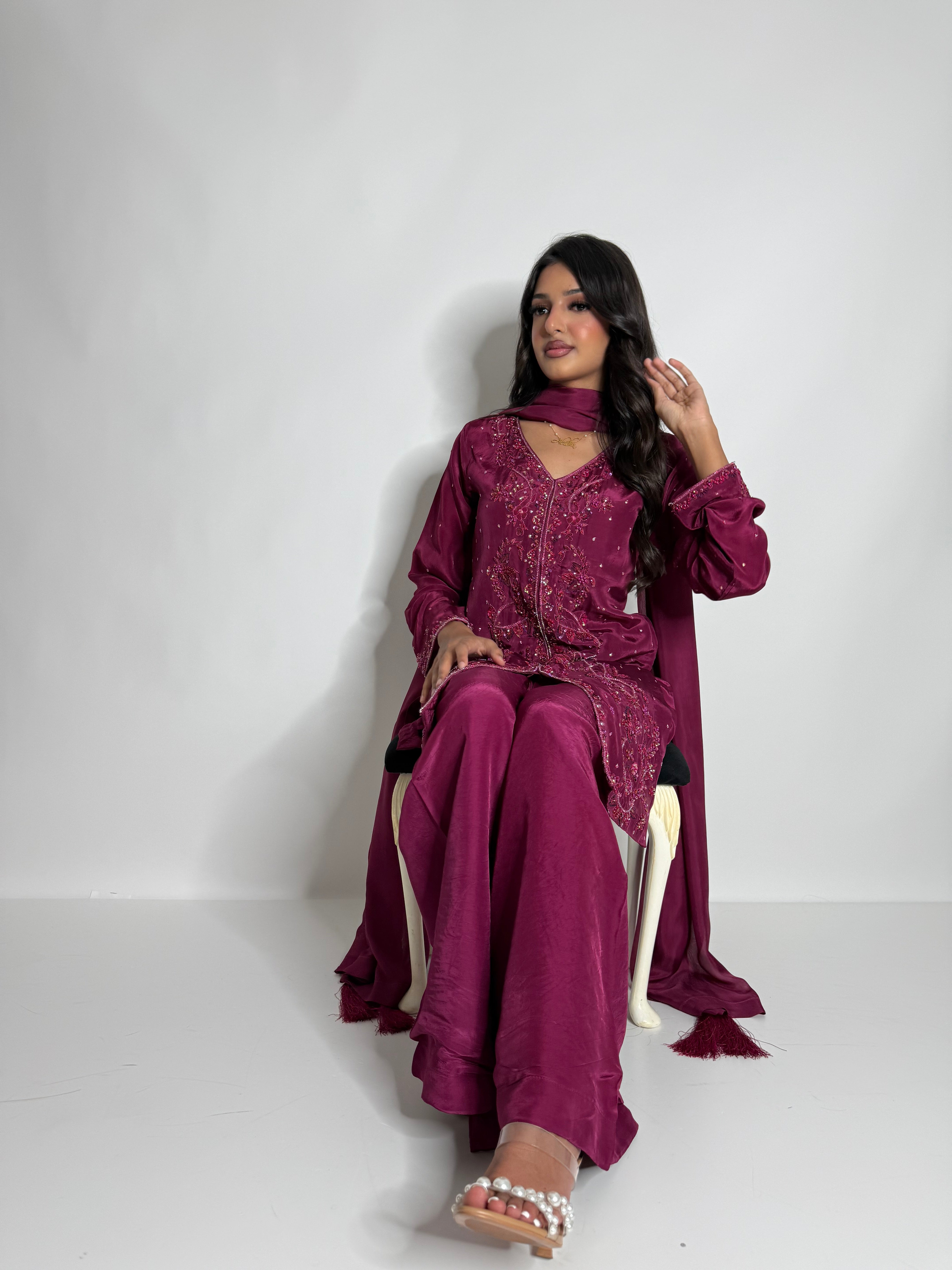 Mahveen | Luxury Pakistani Magenta Silk Sharara Suit UK | Hand Embroidered Wedding Guest & Eid Occasion Wear
