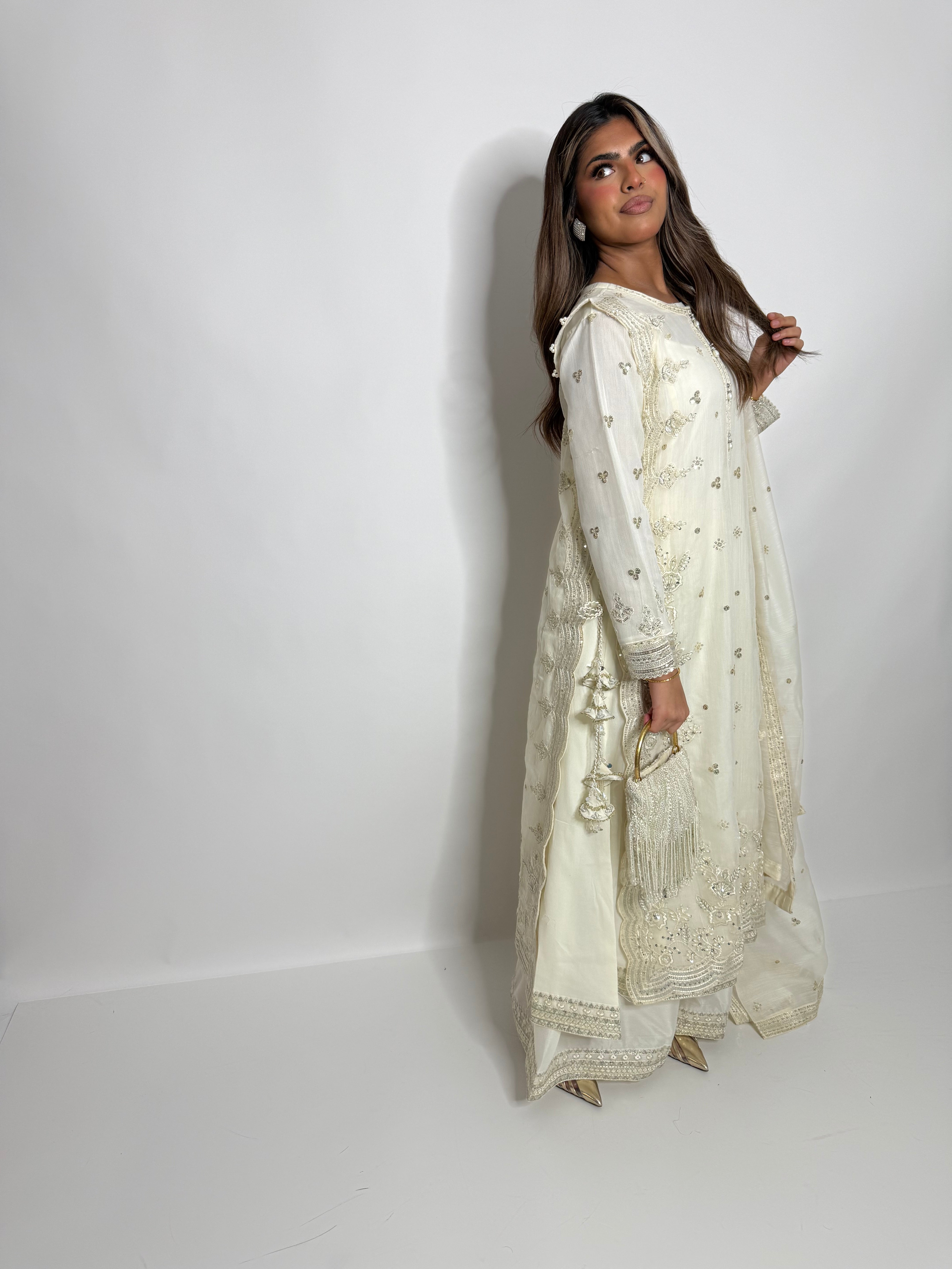 IVORY KHADI NET EMBROIDERED THREE PIECE SUIT UK | THE LYSANDRA