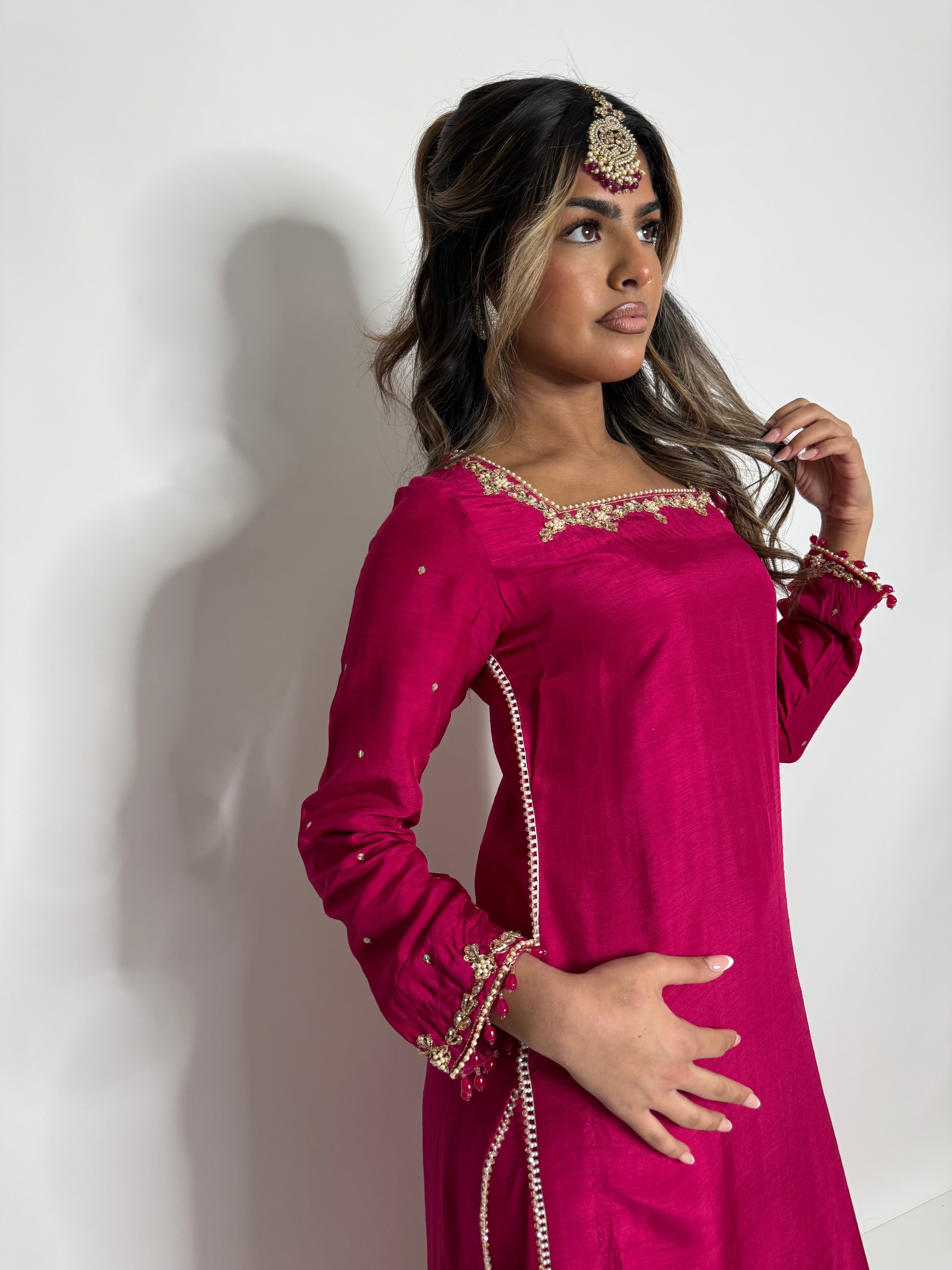 HOT PINK RAW SILK SHARARA SUIT UK | THE ZEPHYRA ROSE