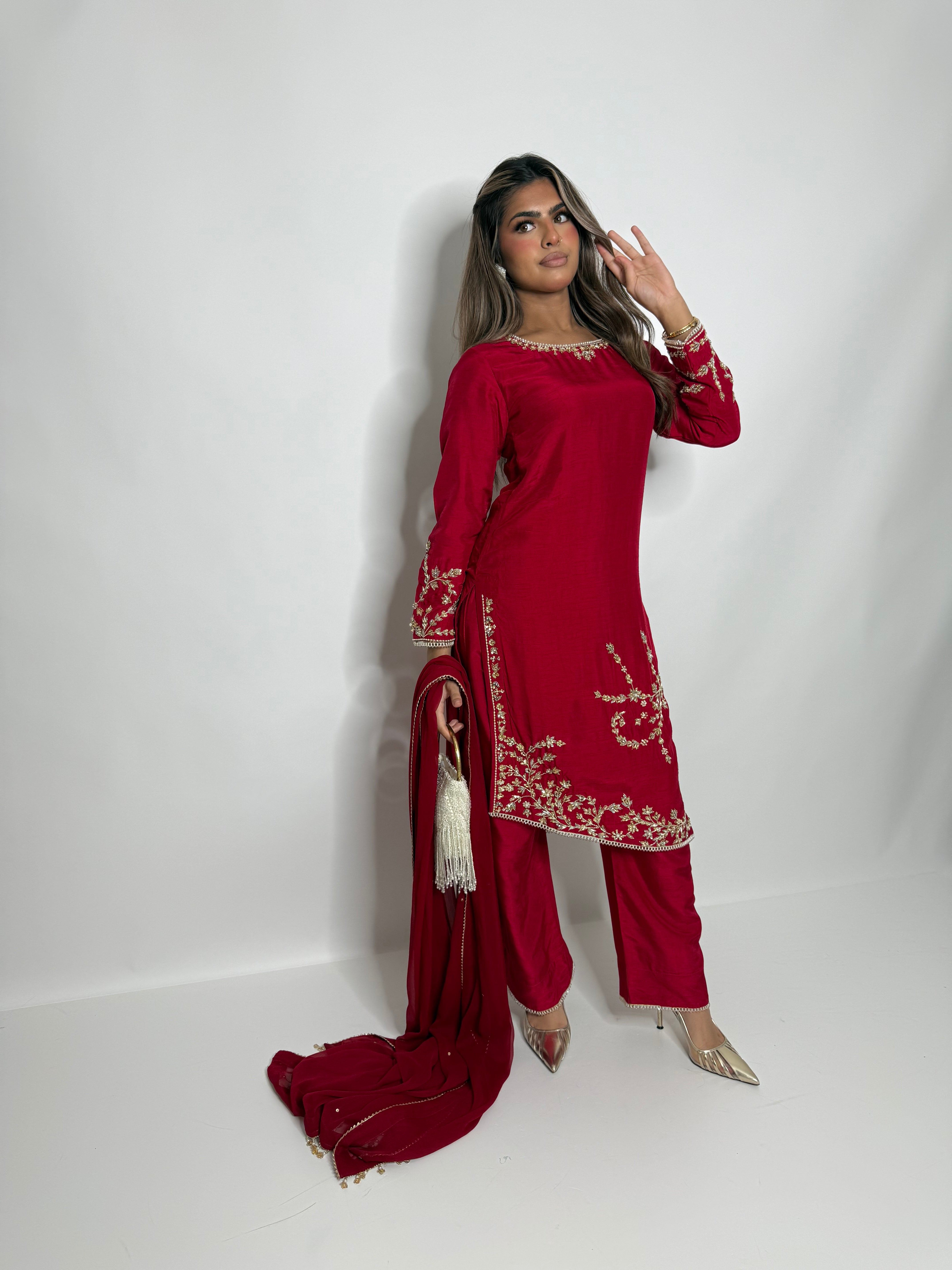 CRIMSON SILK ASYMMETRICAL THREE PIECE SUIT UK | THE SERAPHINA