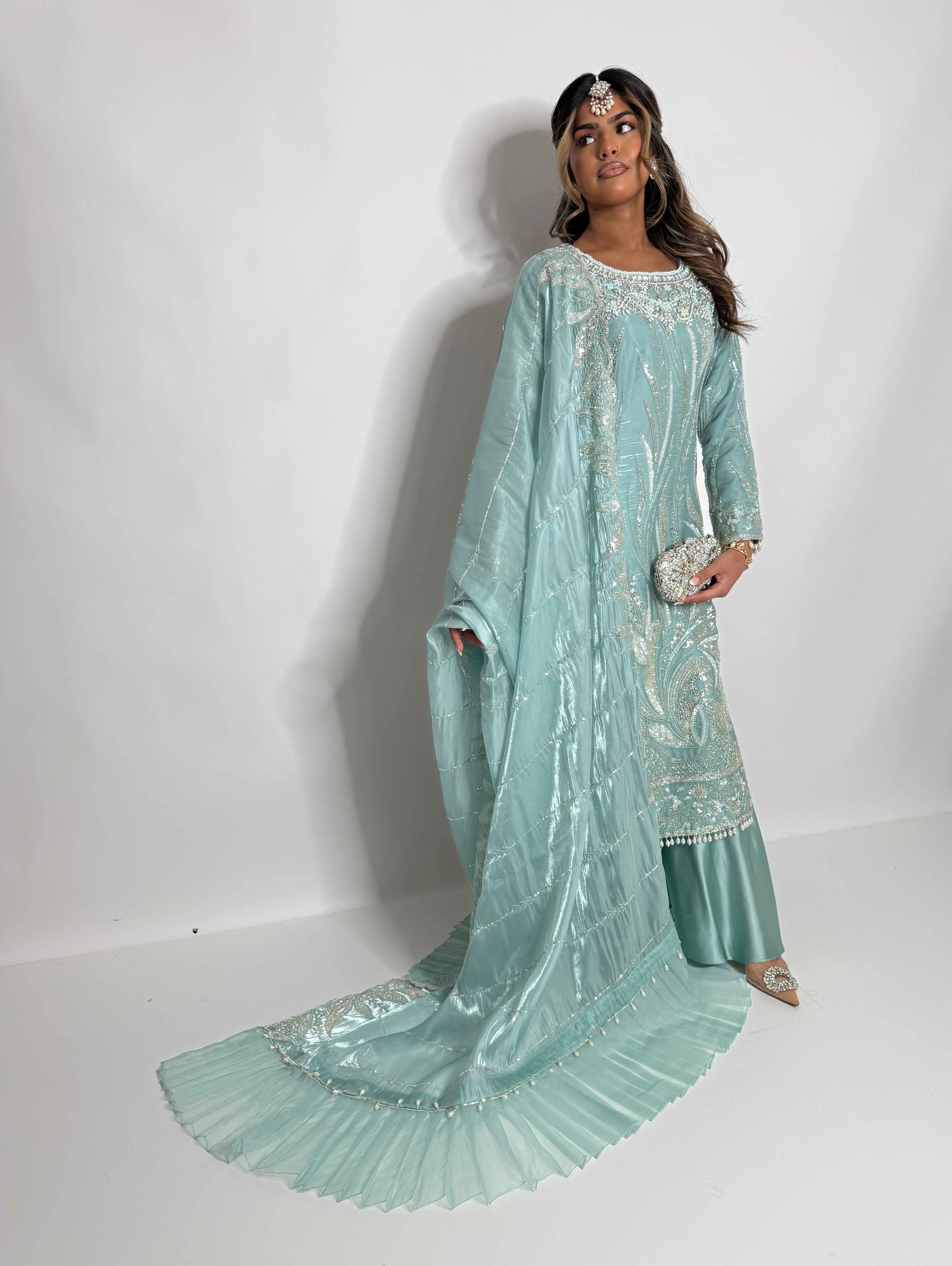 MINT SILK CUTDANA EMBROIDERED SHARARA SUIT UK | THE KAIA MIRETH