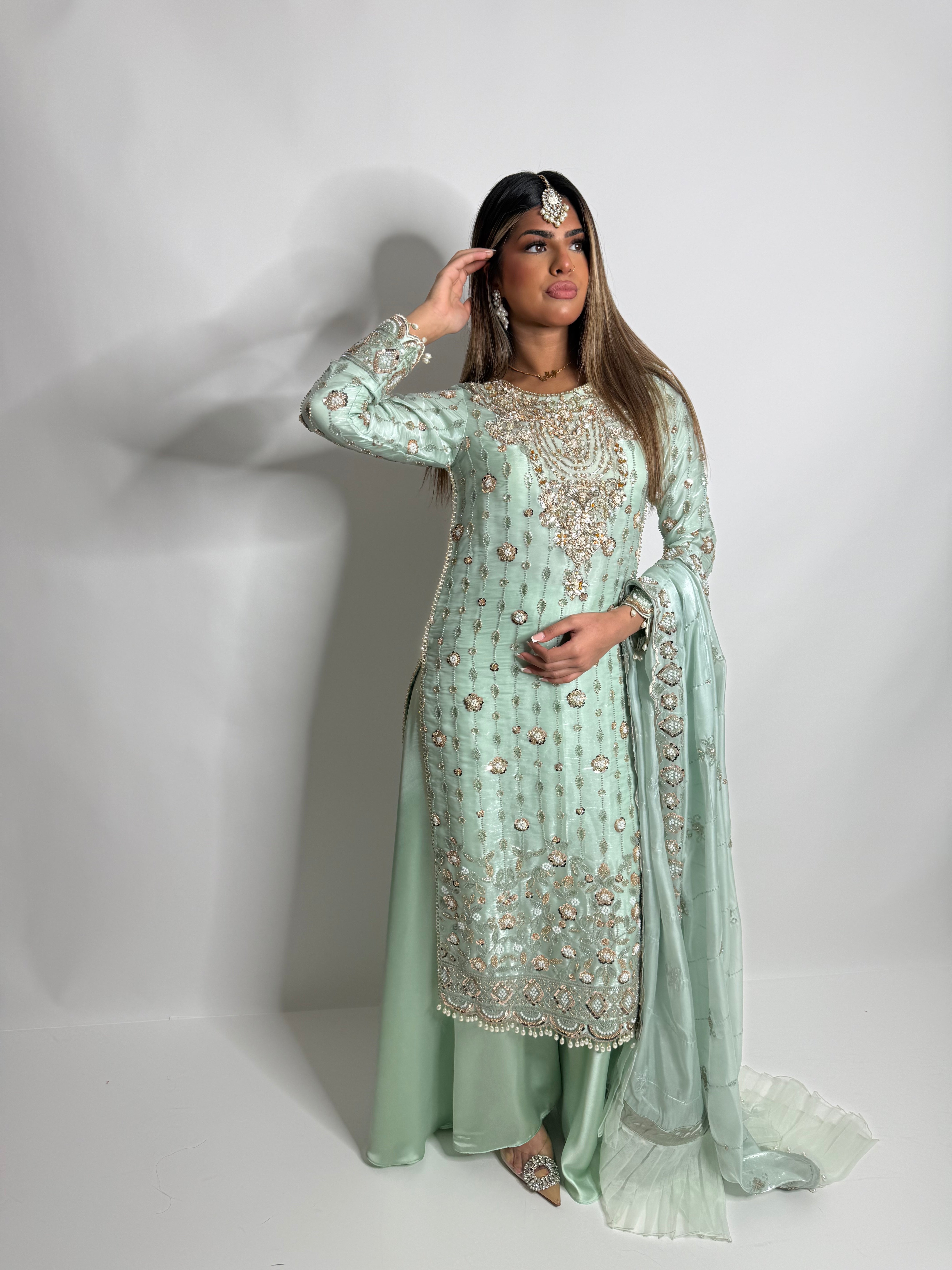 Parizay | Luxury Pakistani Mint Hand Embroidered Silk Sharara Suit UK | Eid, Wedding Guest & Party Wear