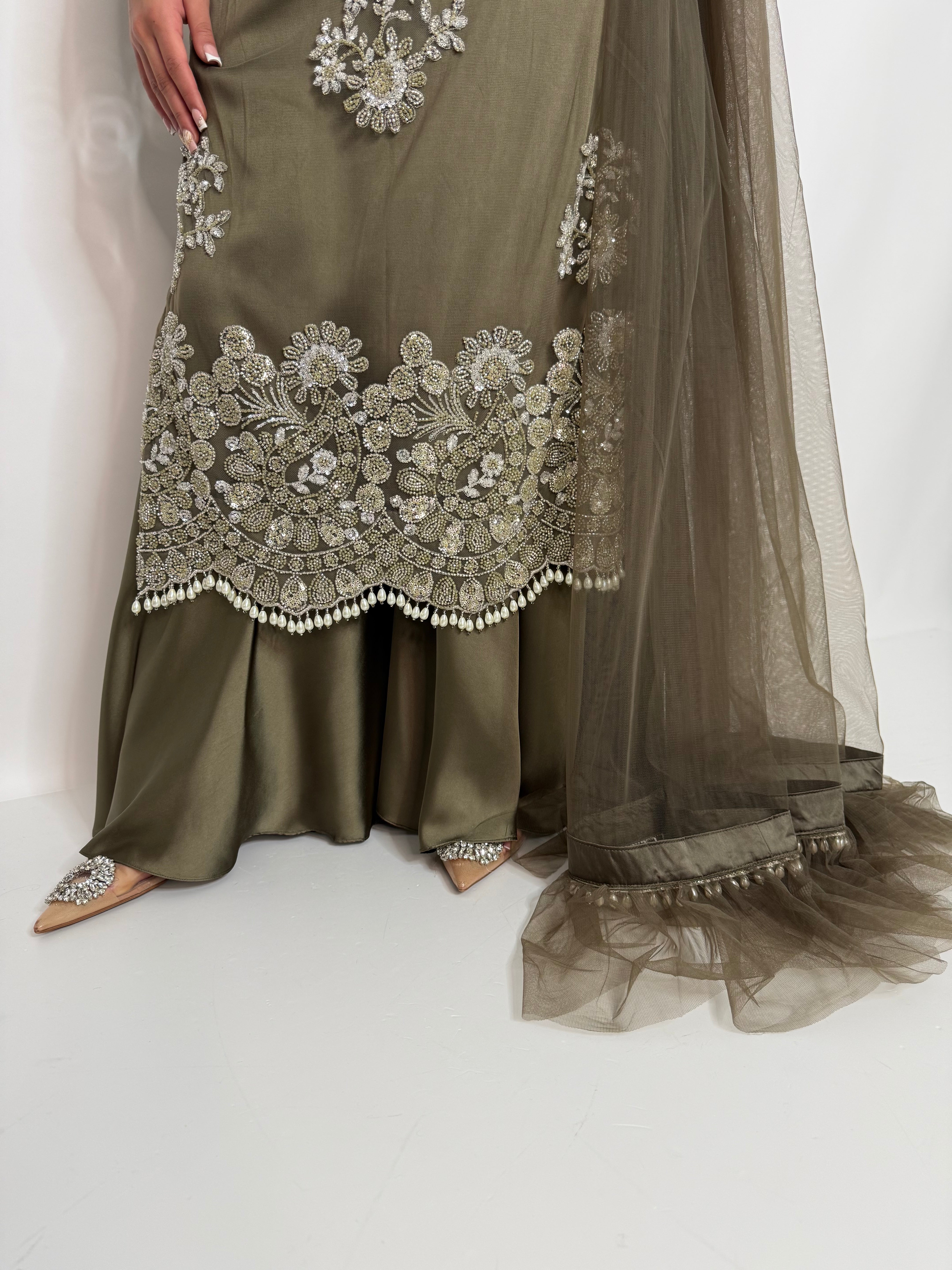 Olive Luxe Embroidered Sharara Suit UK | The Arlisse