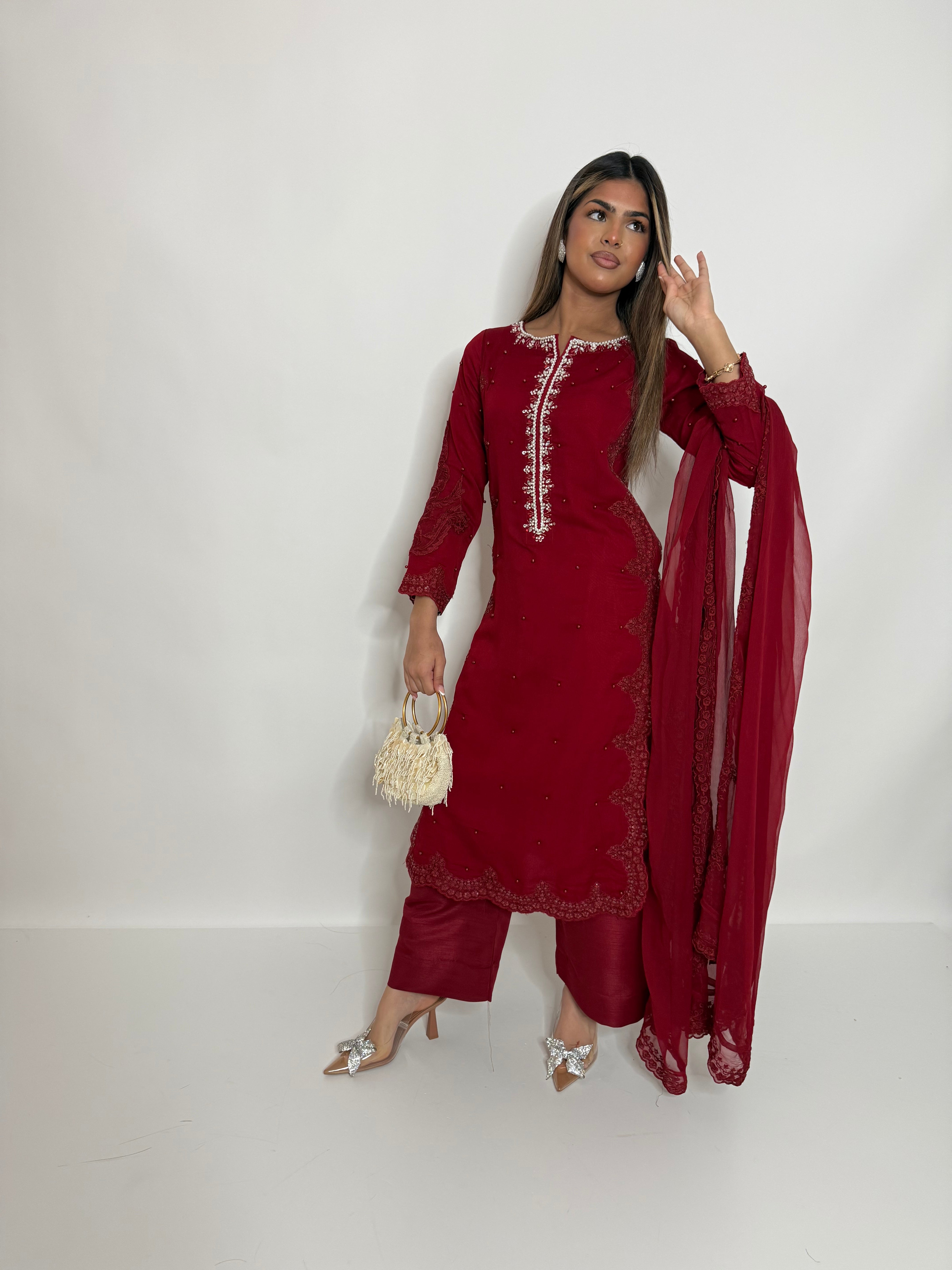 RED EMBROIDERED THREE PIECE SUIT UK | THE AMARA RUE