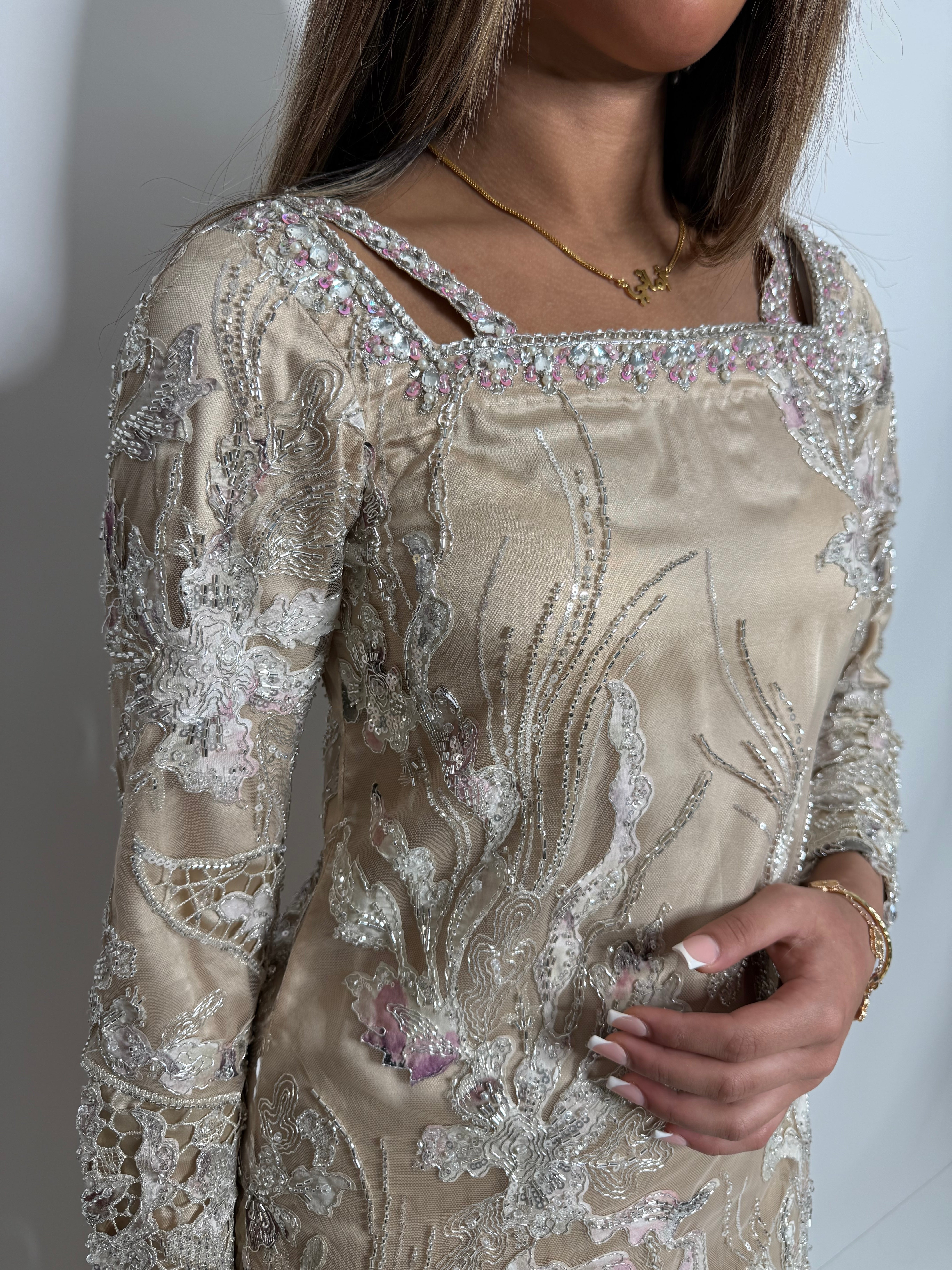 Zarqash | Luxury Pakistani Champagne Cutdana Sharara Suit UK | Wedding Guest, Nikkah & Eid Occasion Wear