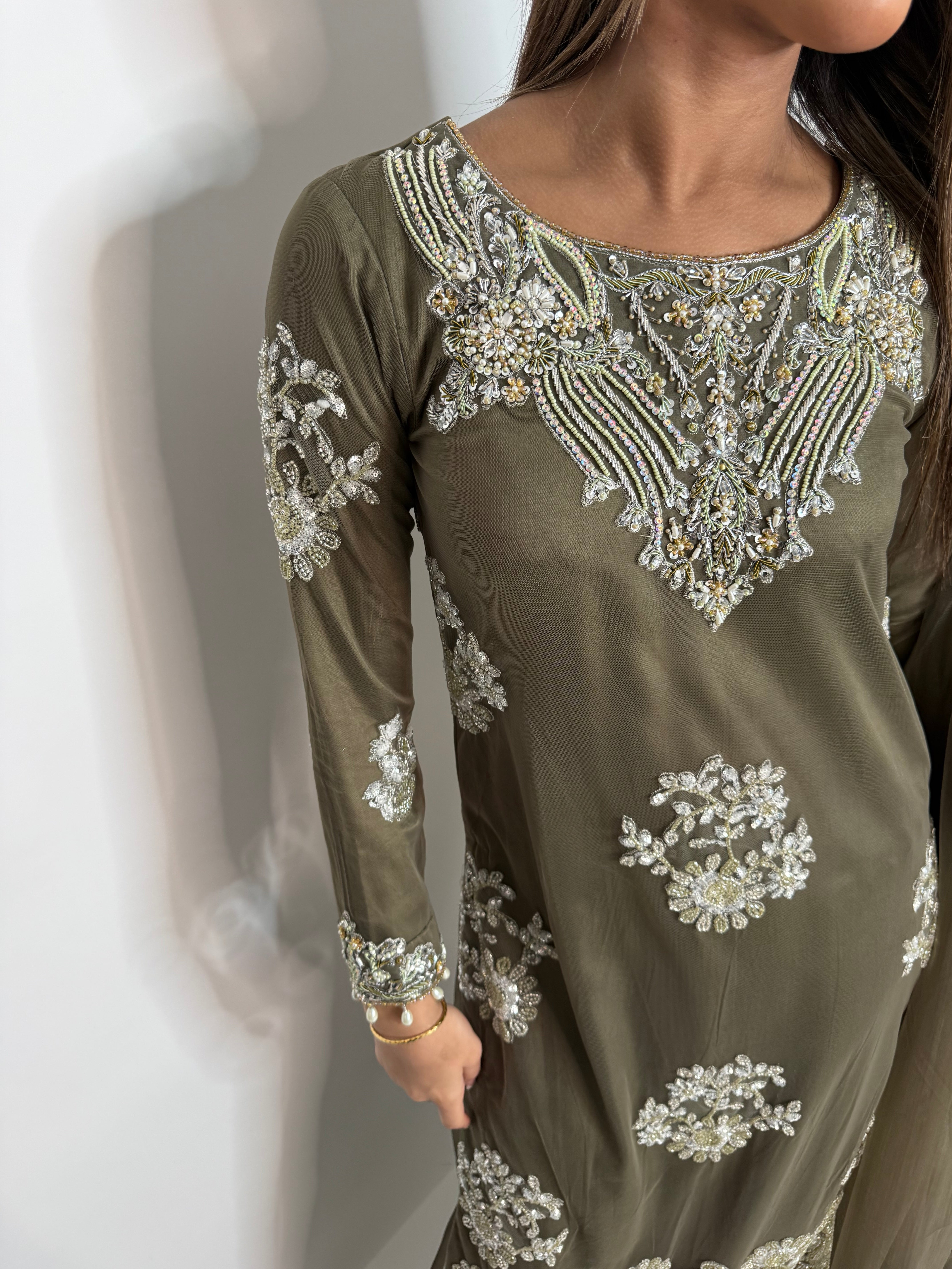 Olive Luxe Embroidered Sharara Suit UK | The Arlisse