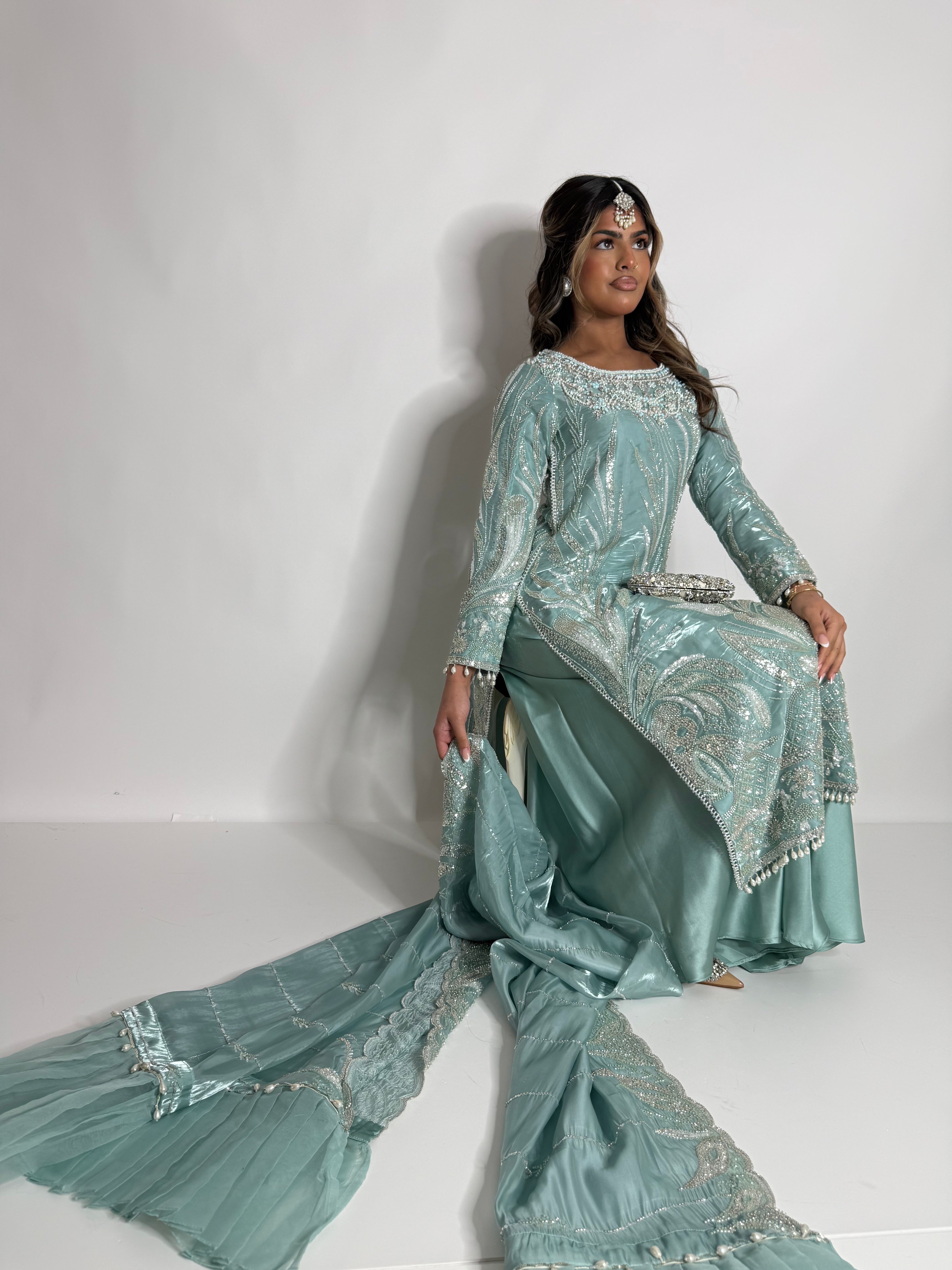MINT SILK CUTDANA EMBROIDERED SHARARA SUIT UK | THE KAIA MIRETH