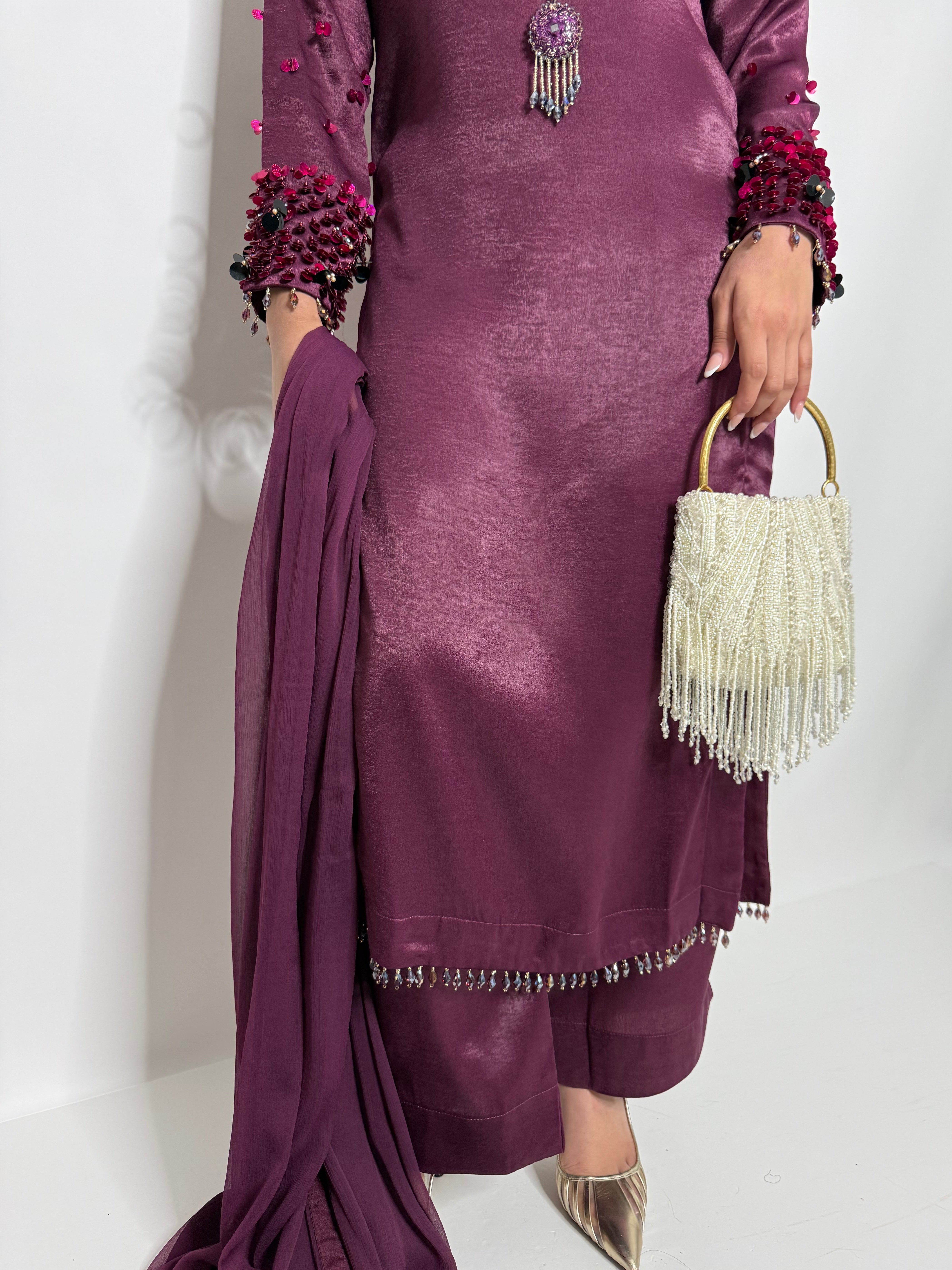 PLUM SILK THREE PIECE SUIT UK | THE MAHIRA VÉLOUR