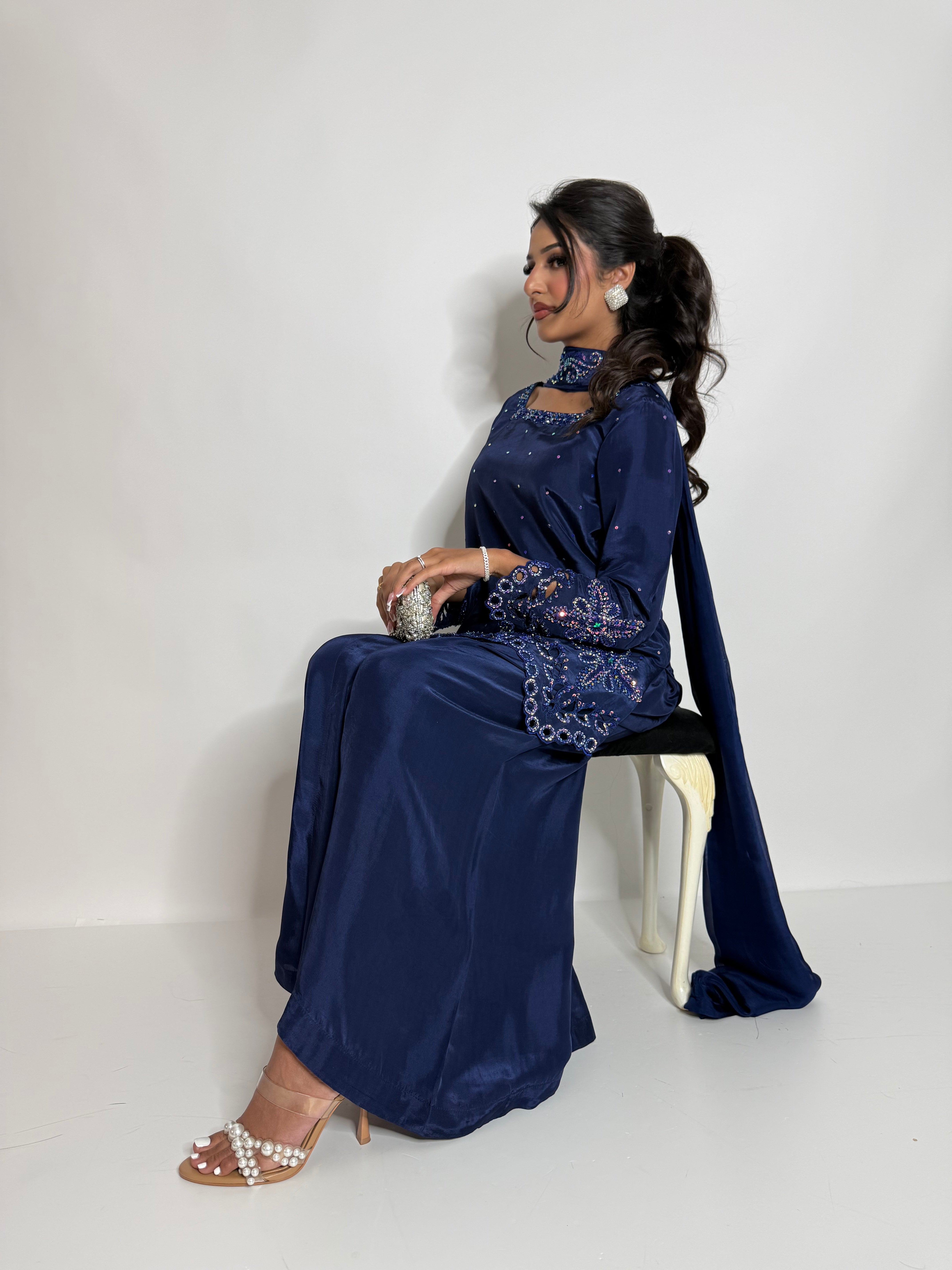ZARMINA | Luxury Pakistani Navy Silk Sharara Suit UK | Wedding Guest, Eid & Formal Occasion Wear