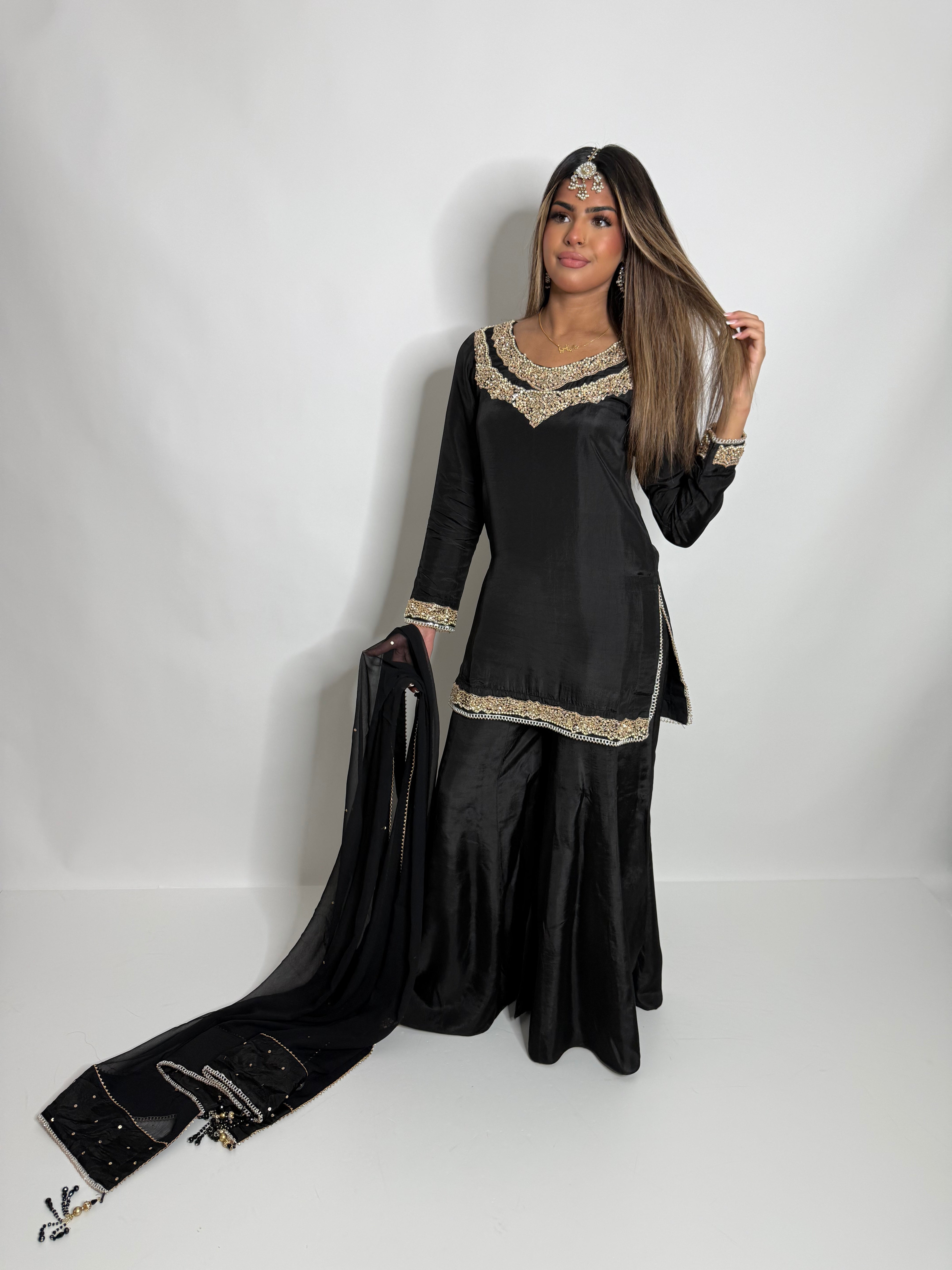 BLACK SILK SHARARA SUIT UK | THE KAIA NOIRE