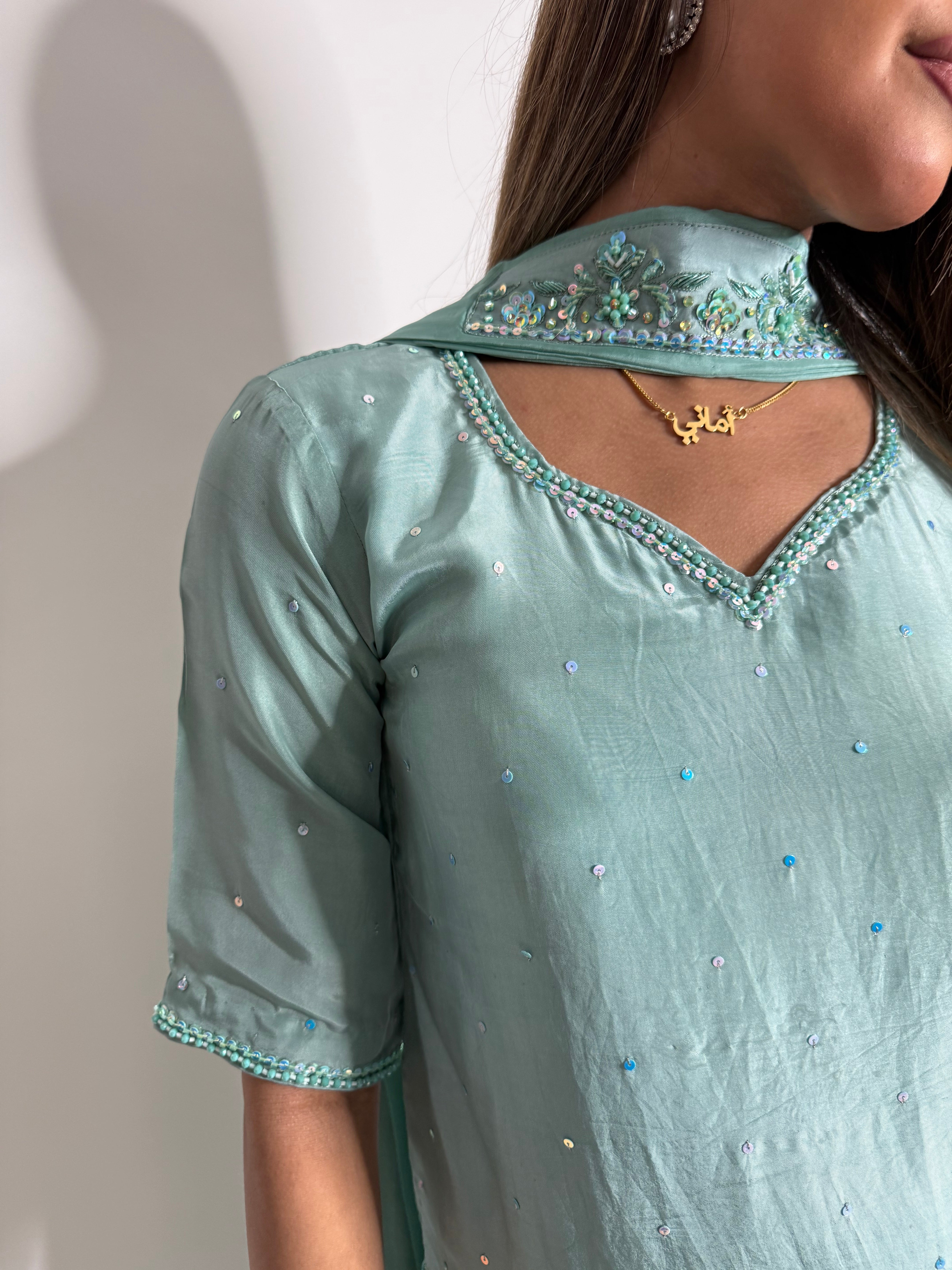 Hooré | Pakistani Mint Silk Sharara Suit UK | Wedding Guest, Eid & Party Wear