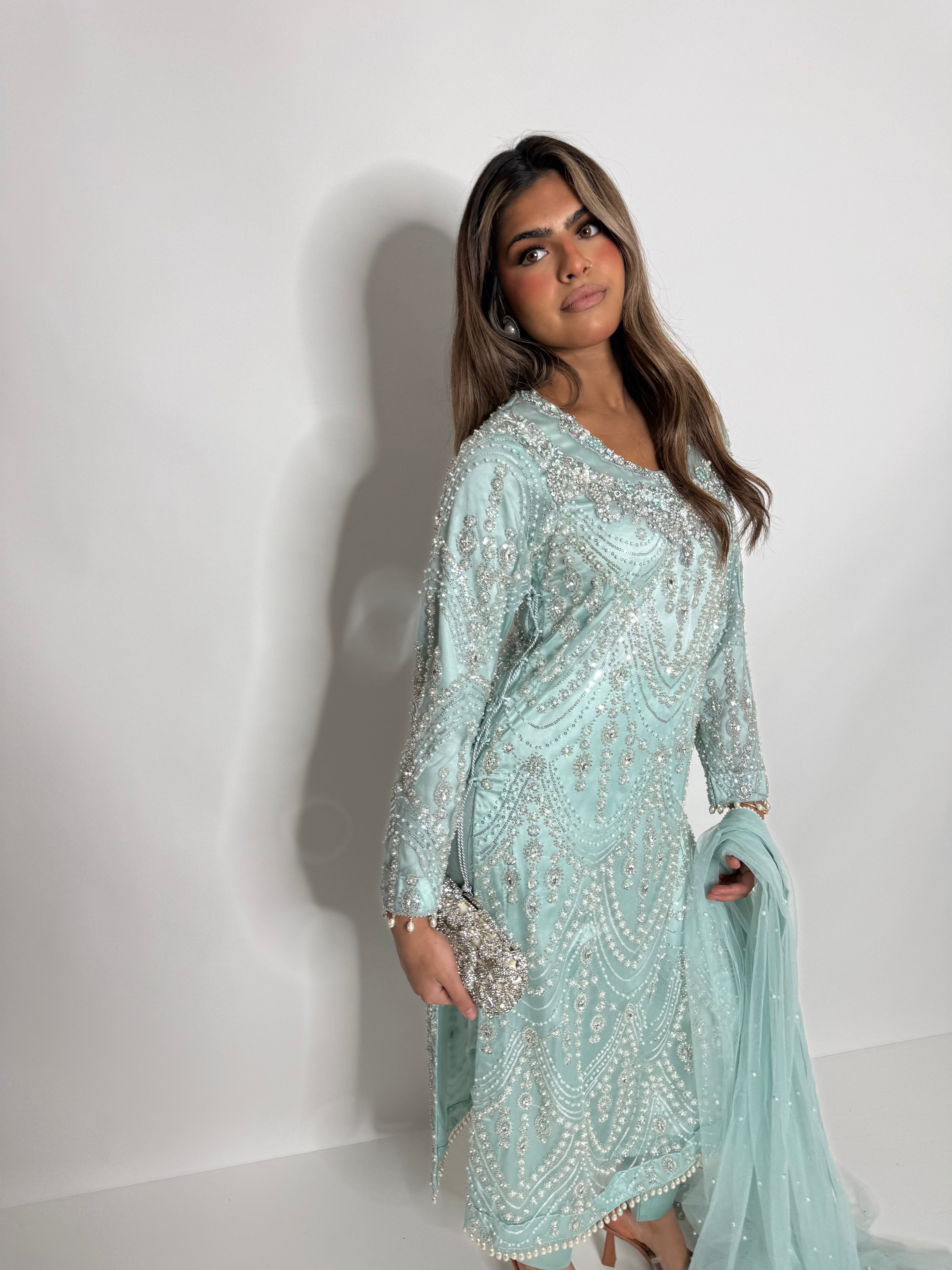 Celadon Cutdana Three Piece Suit UK | The Ismeria